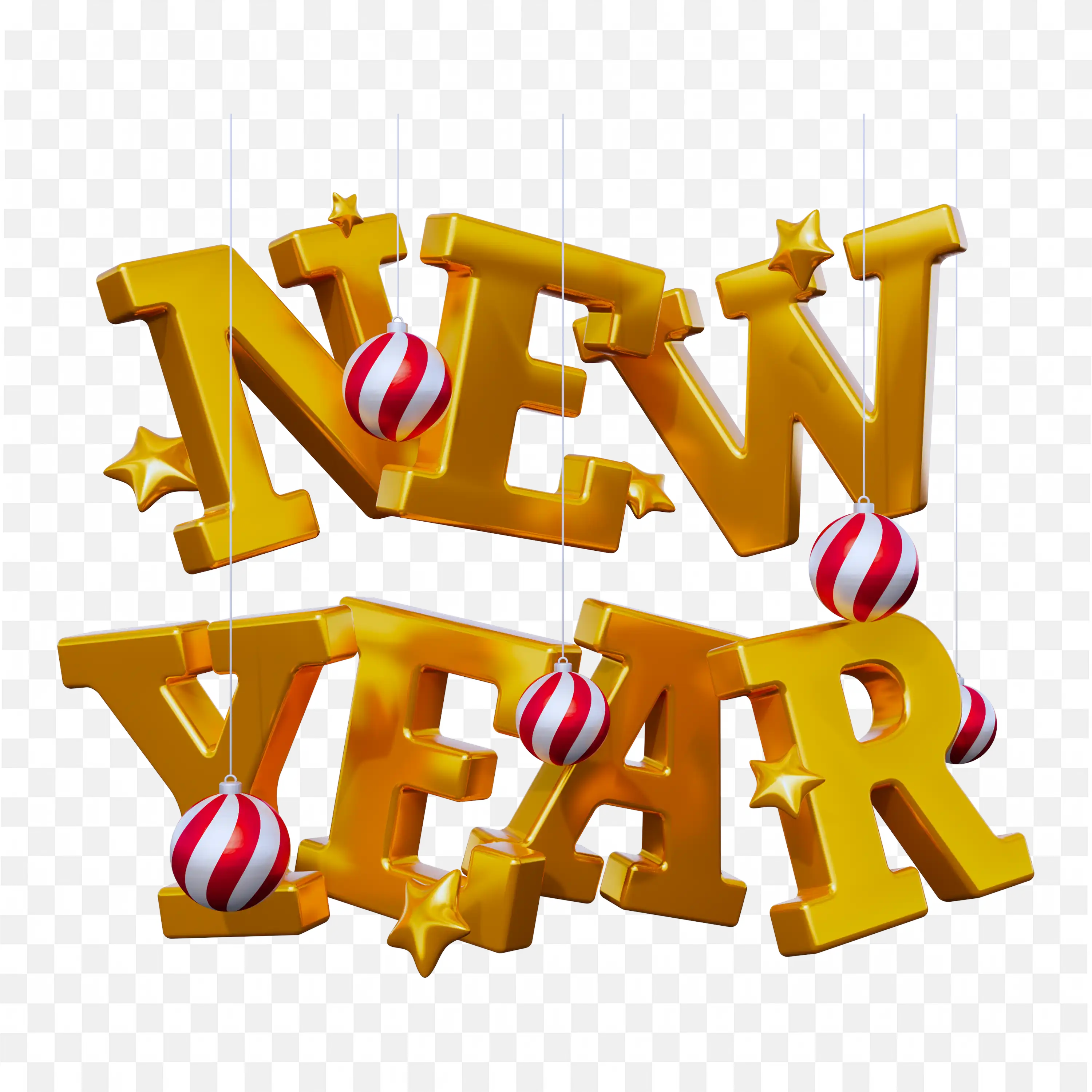 New Year 3D Gold Text with Ornaments and Golden Stars
