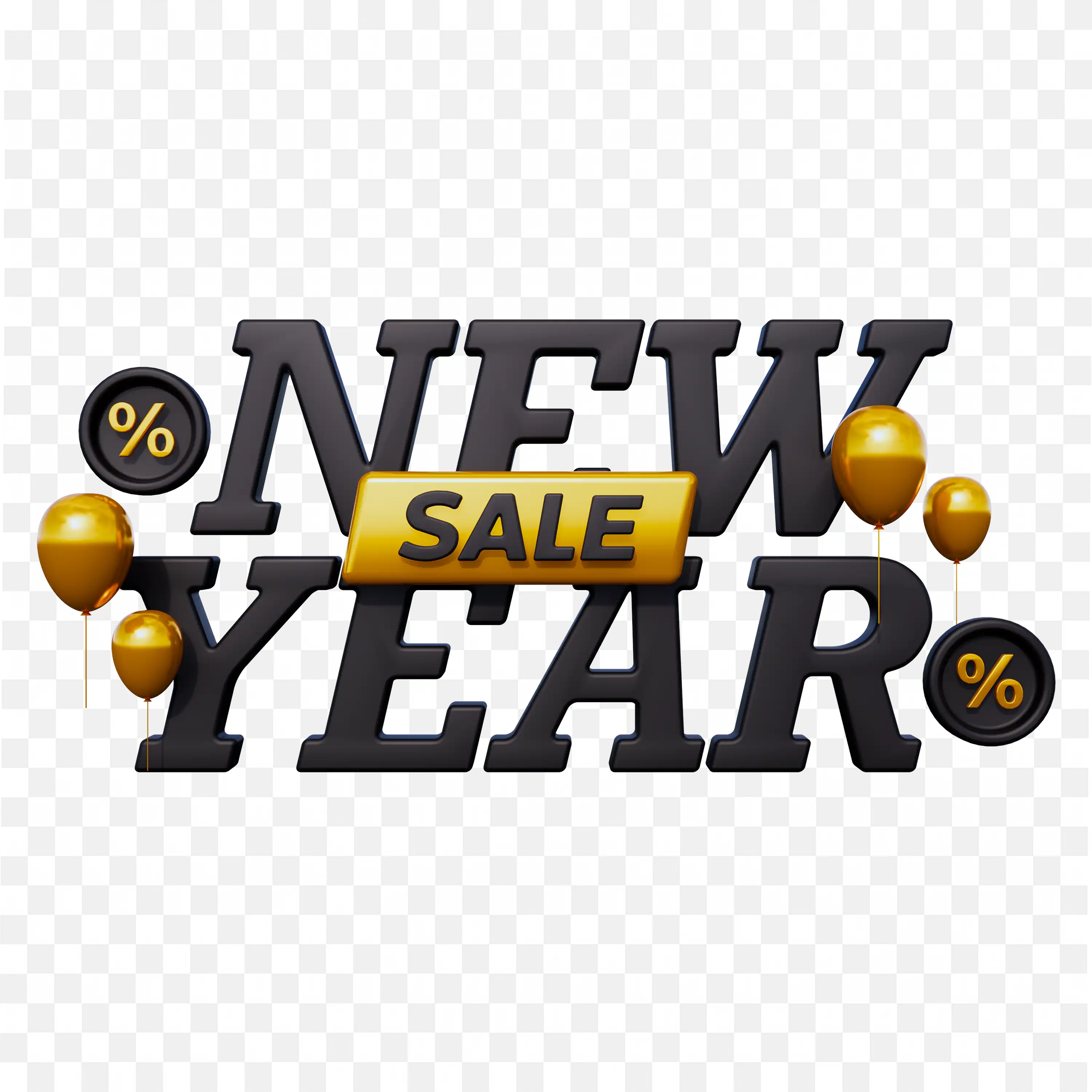 3D New Year Text Graphic Bold Black with Golden Accent