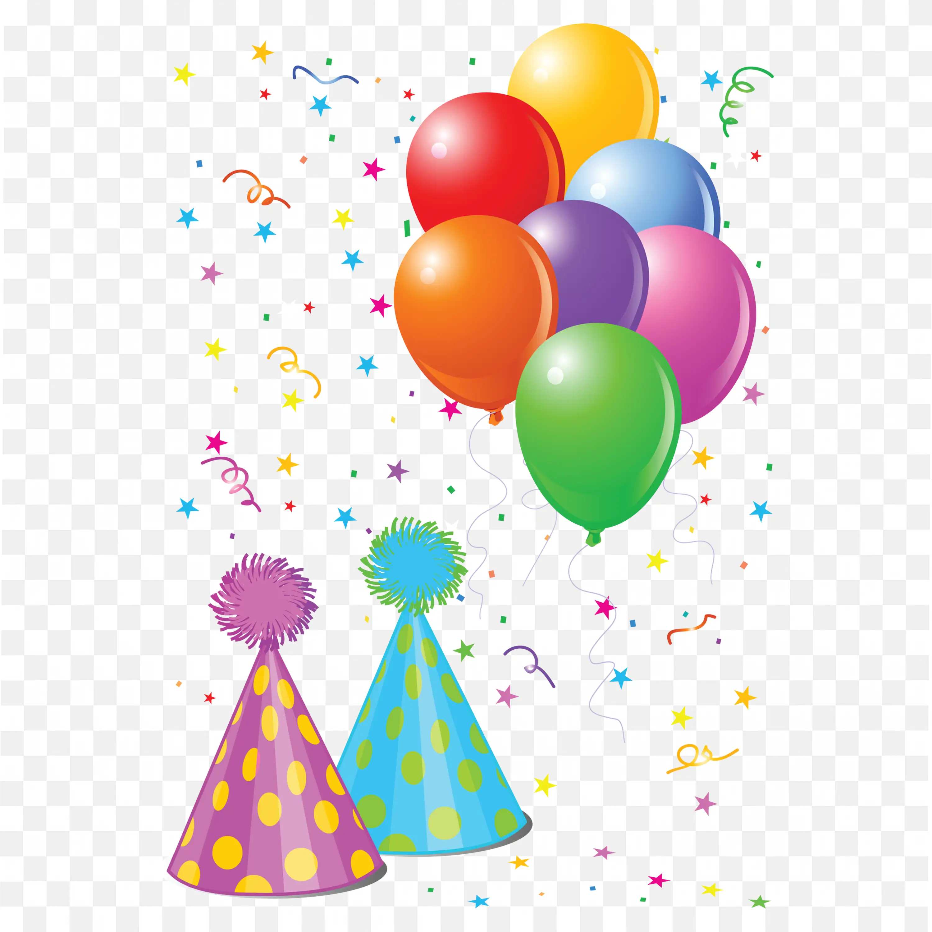 Party Balloons and Hats PNG Colorful Celebration Clipart