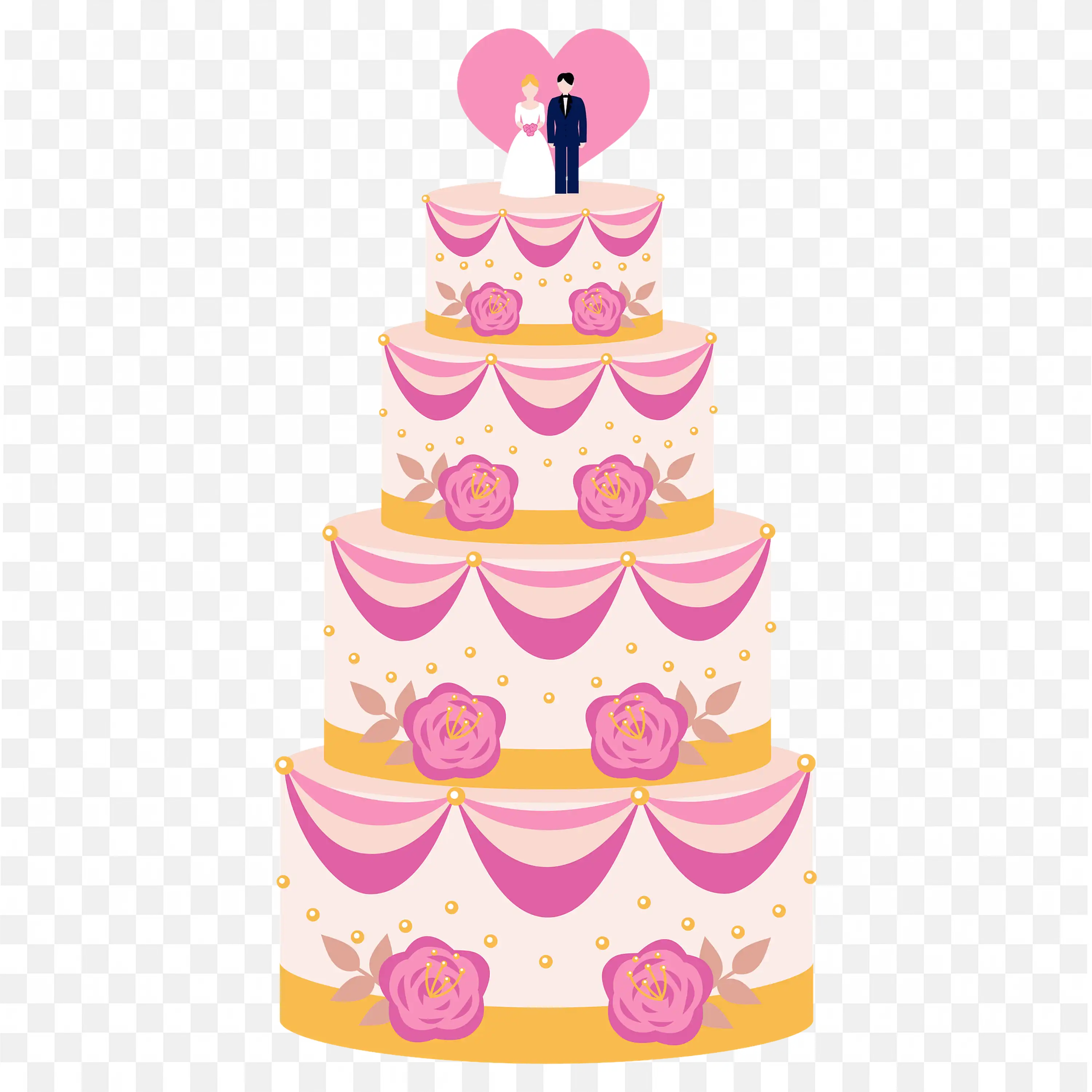 Pink Layer Wedding Cake Illustration Bride and Groom Topper Art