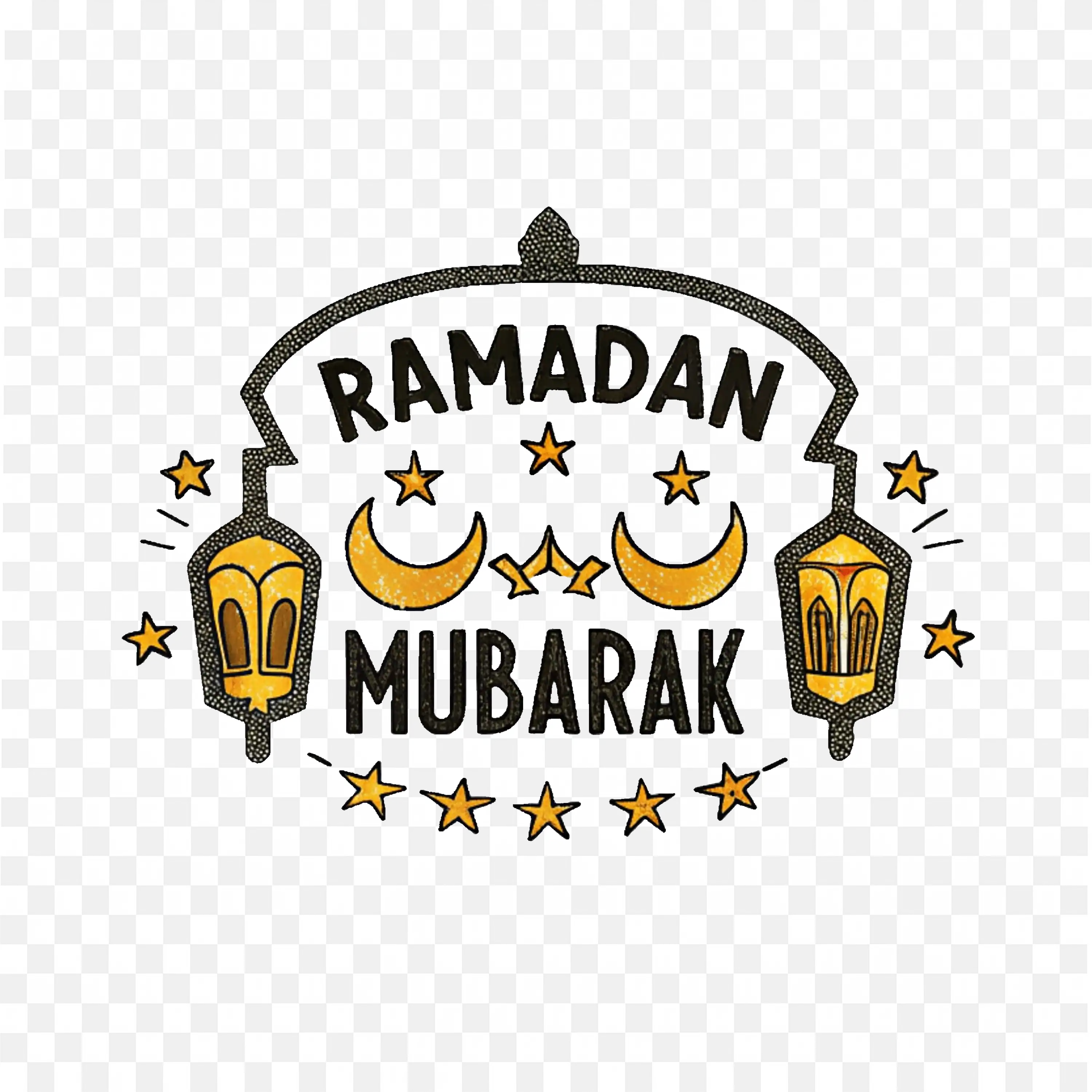 Ramadan Mubarak Text with Lanterns Moons and Stars Design
