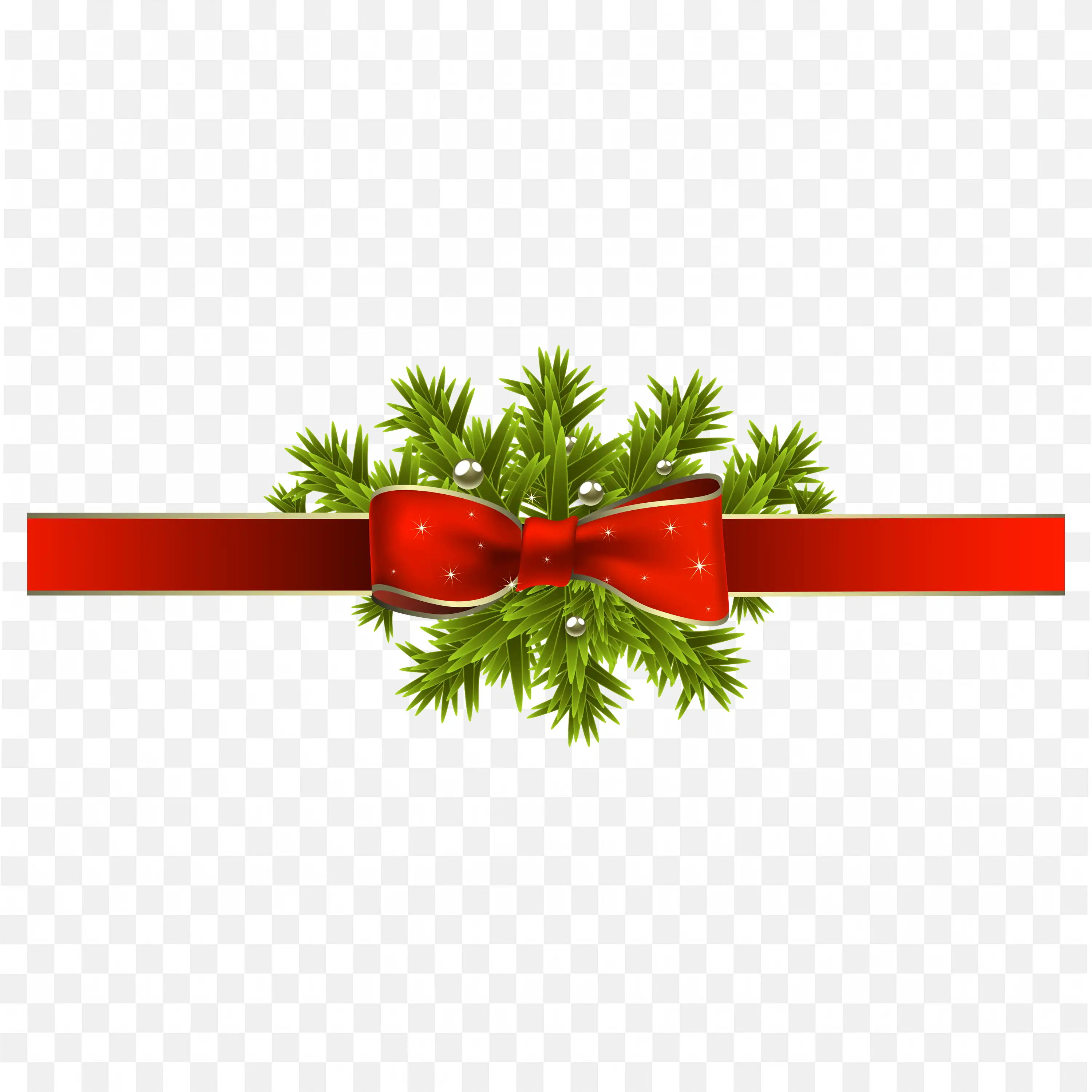 Red Ribbon And Pine Garland Used For Gift Wrapping Edge