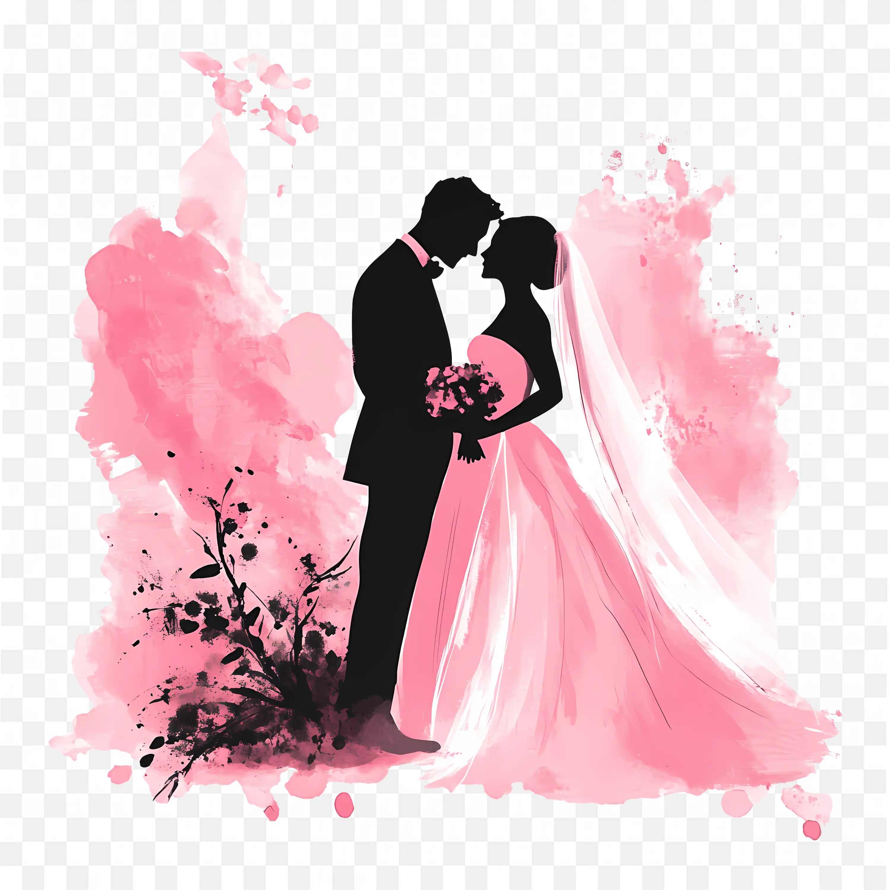 Romantic Wedding Couple Silhouette Pink Watercolor Art