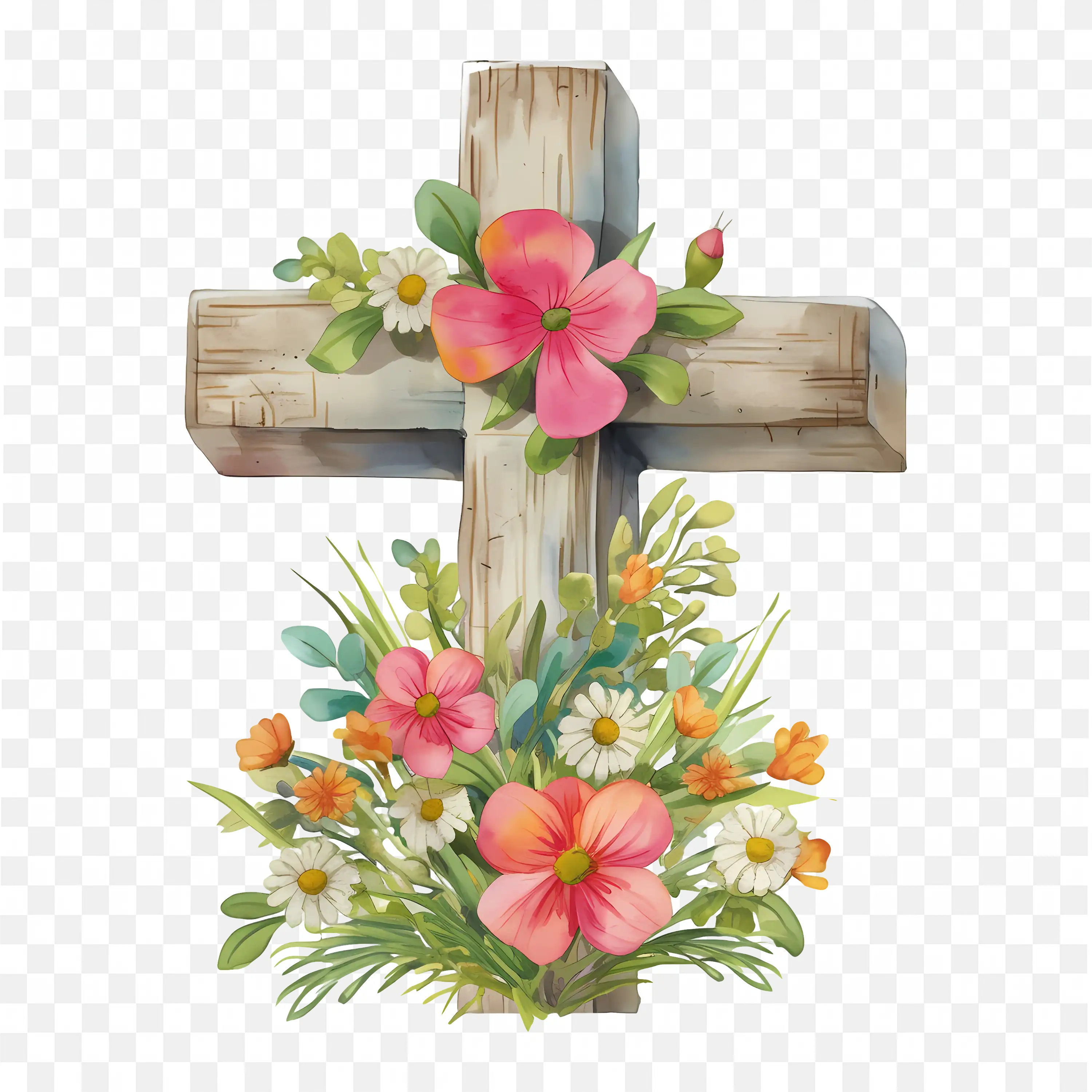 Rustic Wooden Christian Cross with Floral Flower Illustration