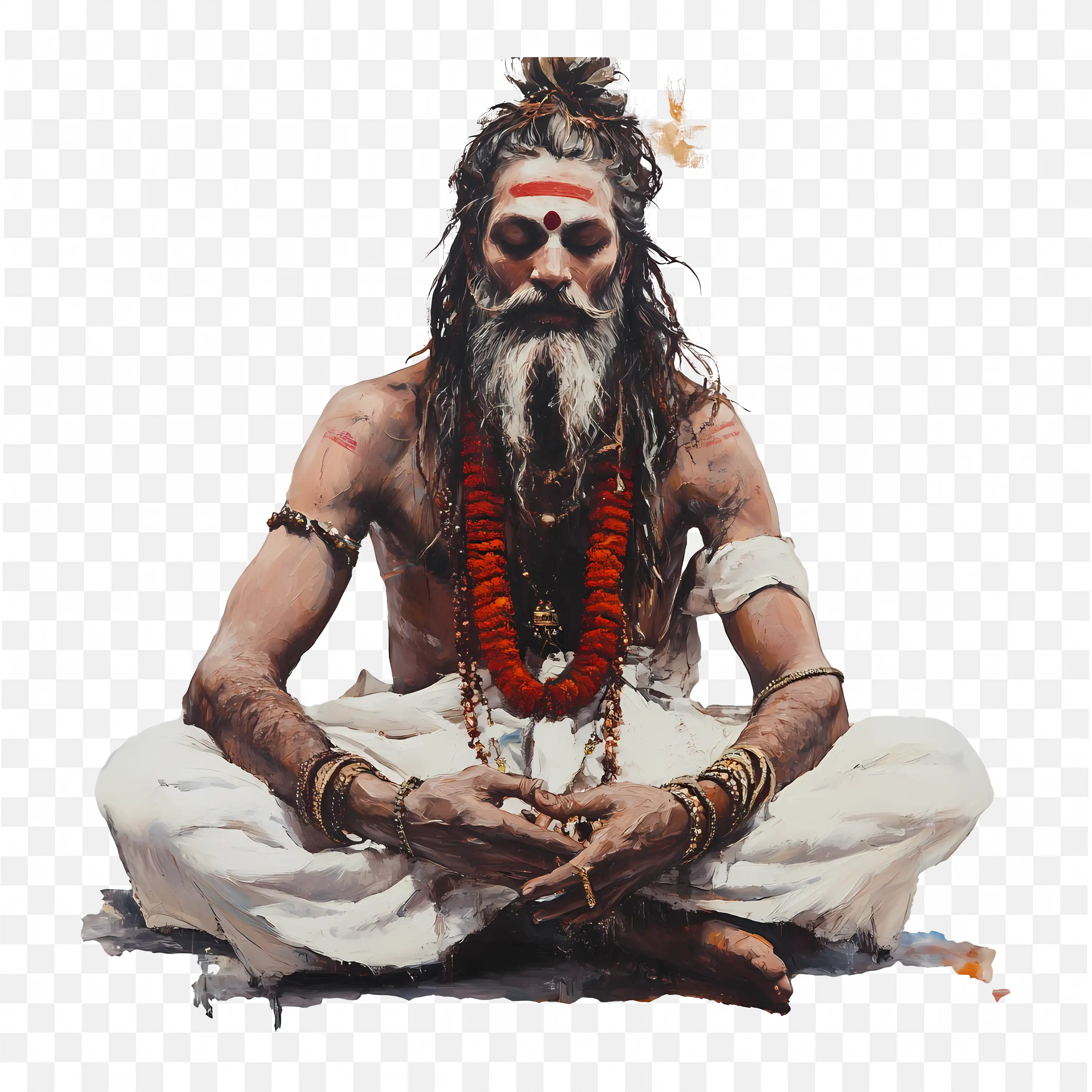 Sadhu Meditating Man in White Traditional Attire with Long Hair PNG