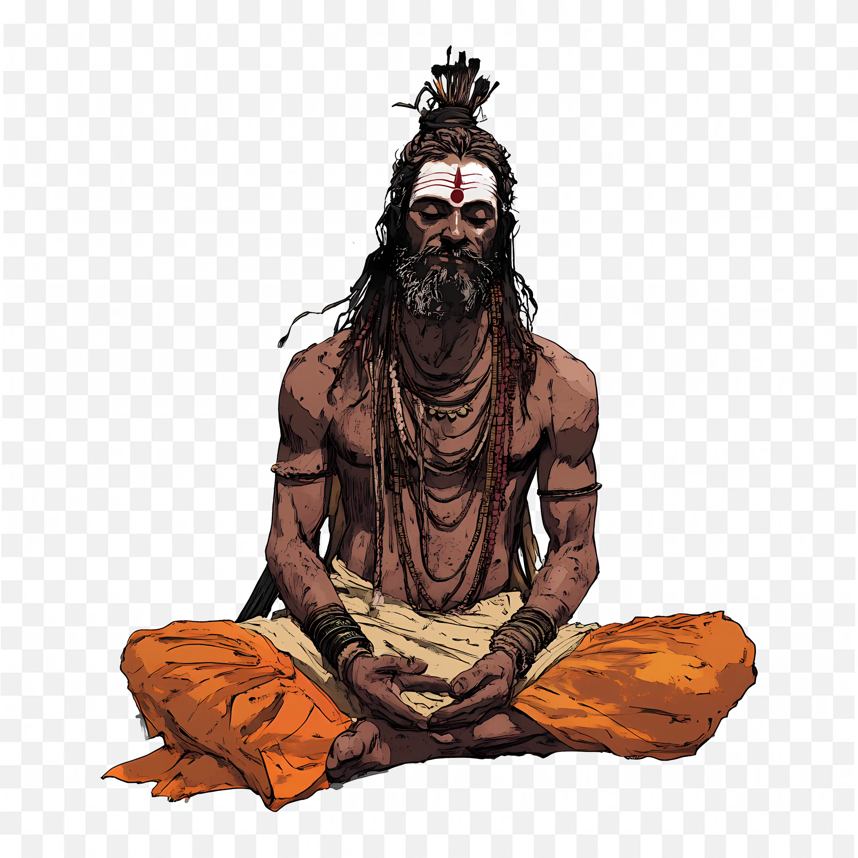 Sadhu in Meditation Watercolor Art with Long Hair and Beard