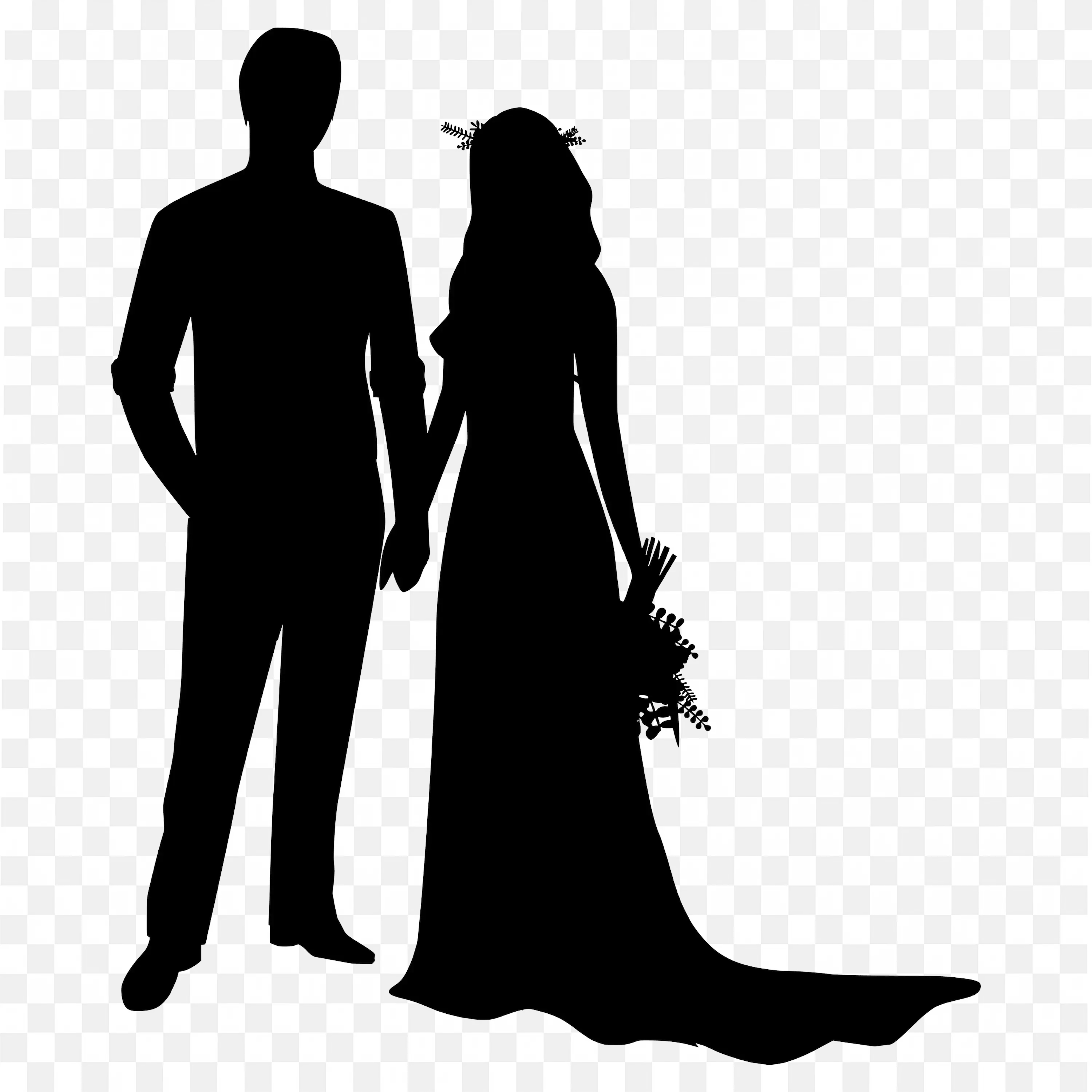 Silhouette of Wedding Couple Holding Hands on White Design