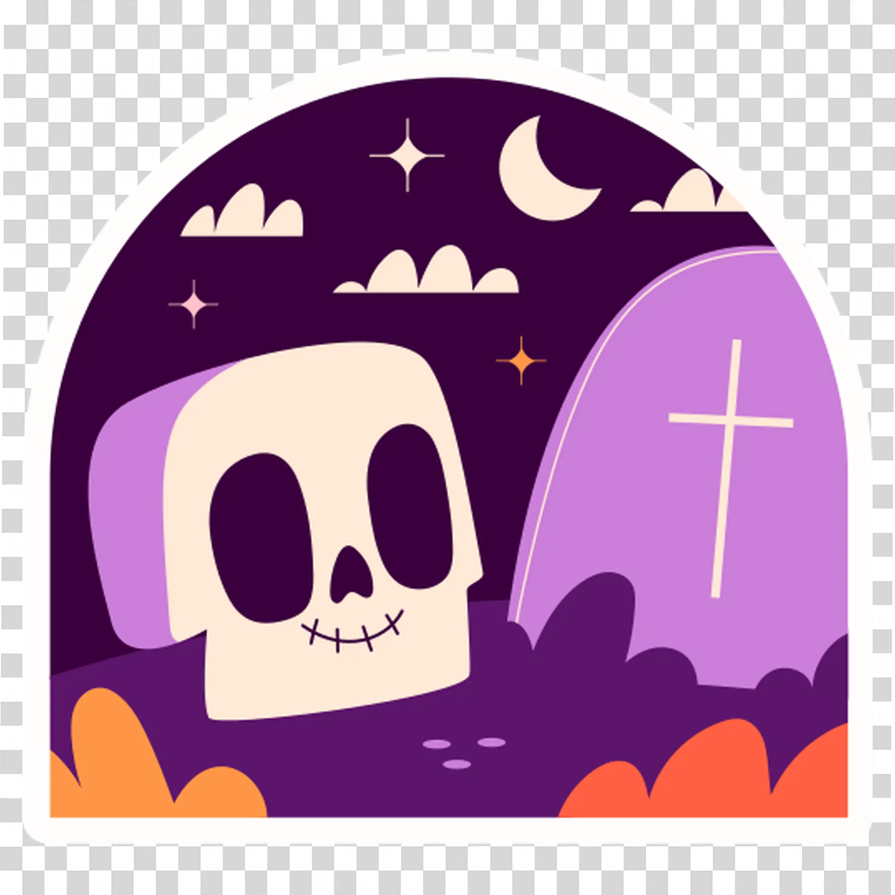 Spooky Graveyard Scene with Skull and Crescent Moon