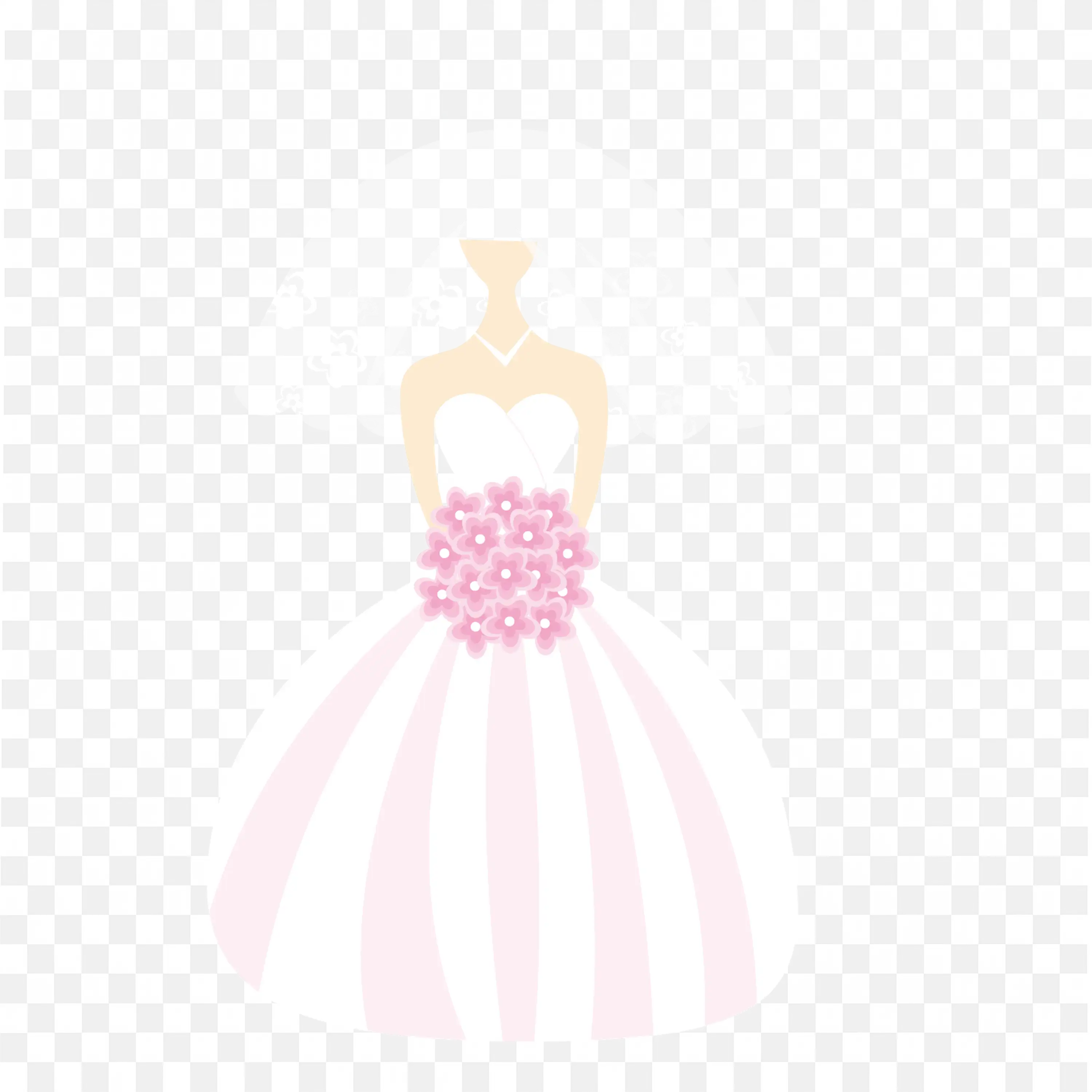 Stylized Bride Illustration Holding Pink Floral Bouquet