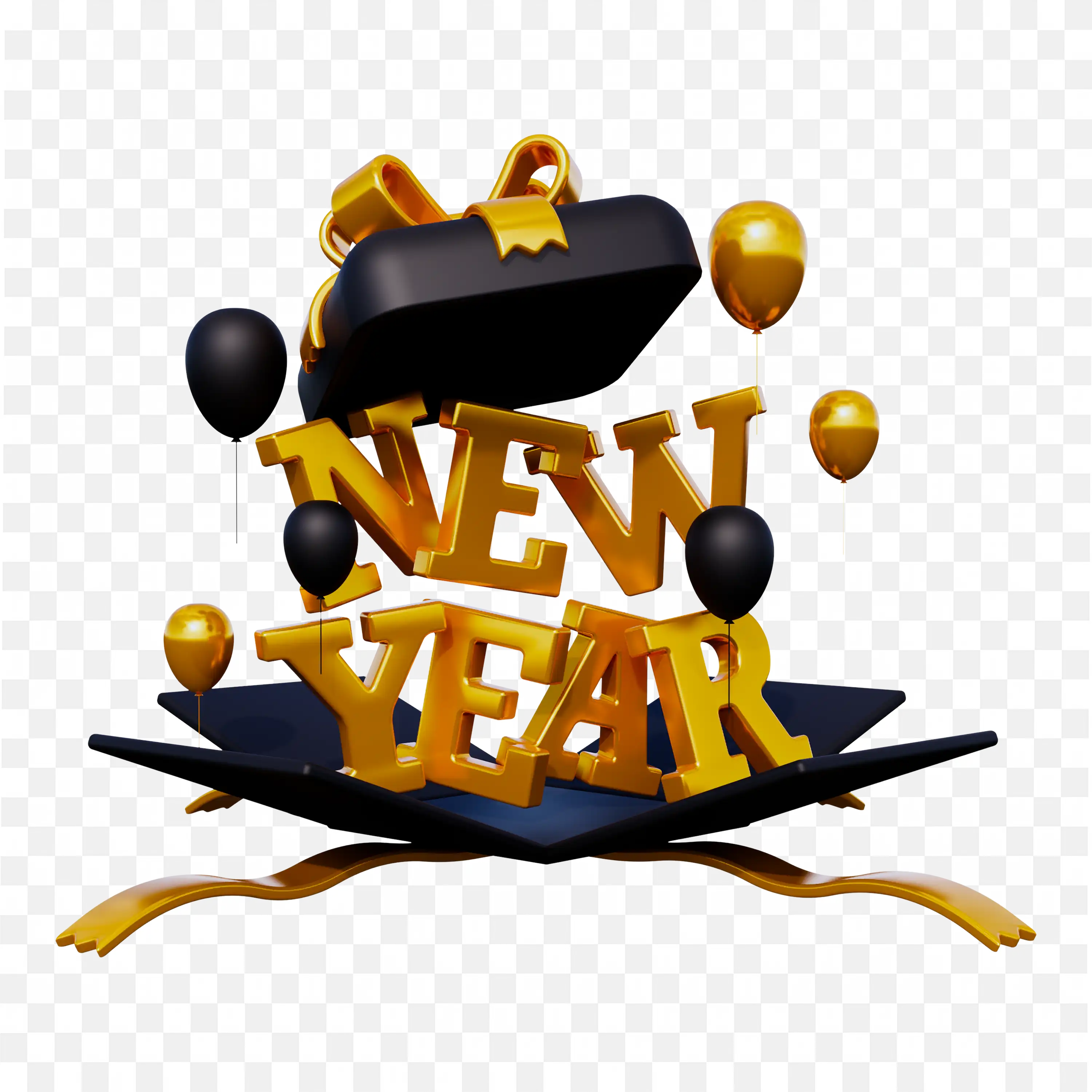 3D Text in Gift Box with Balloons and Golden Ribbon Art