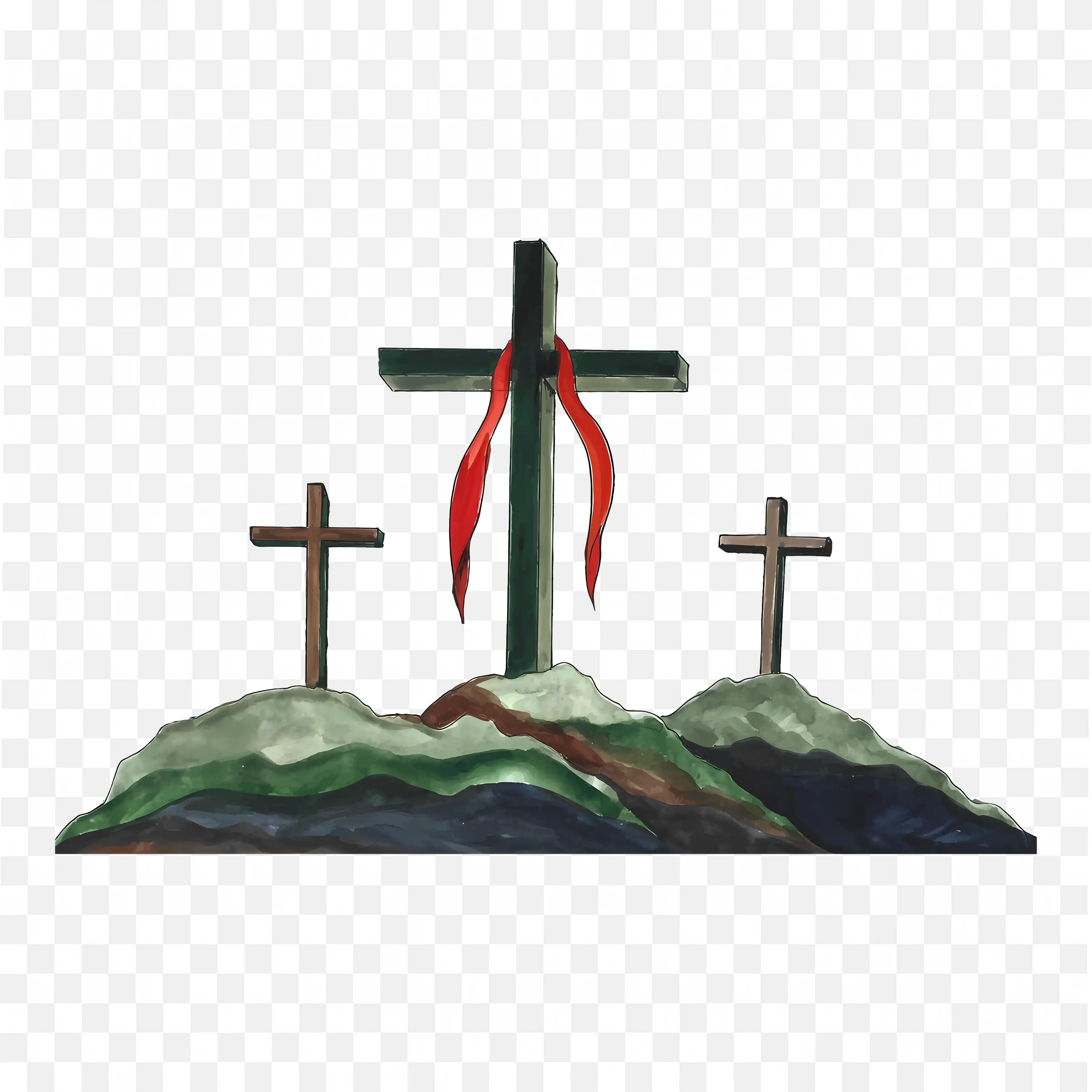Three Crosses on Hill PNG Image Symbolizing Christian Art