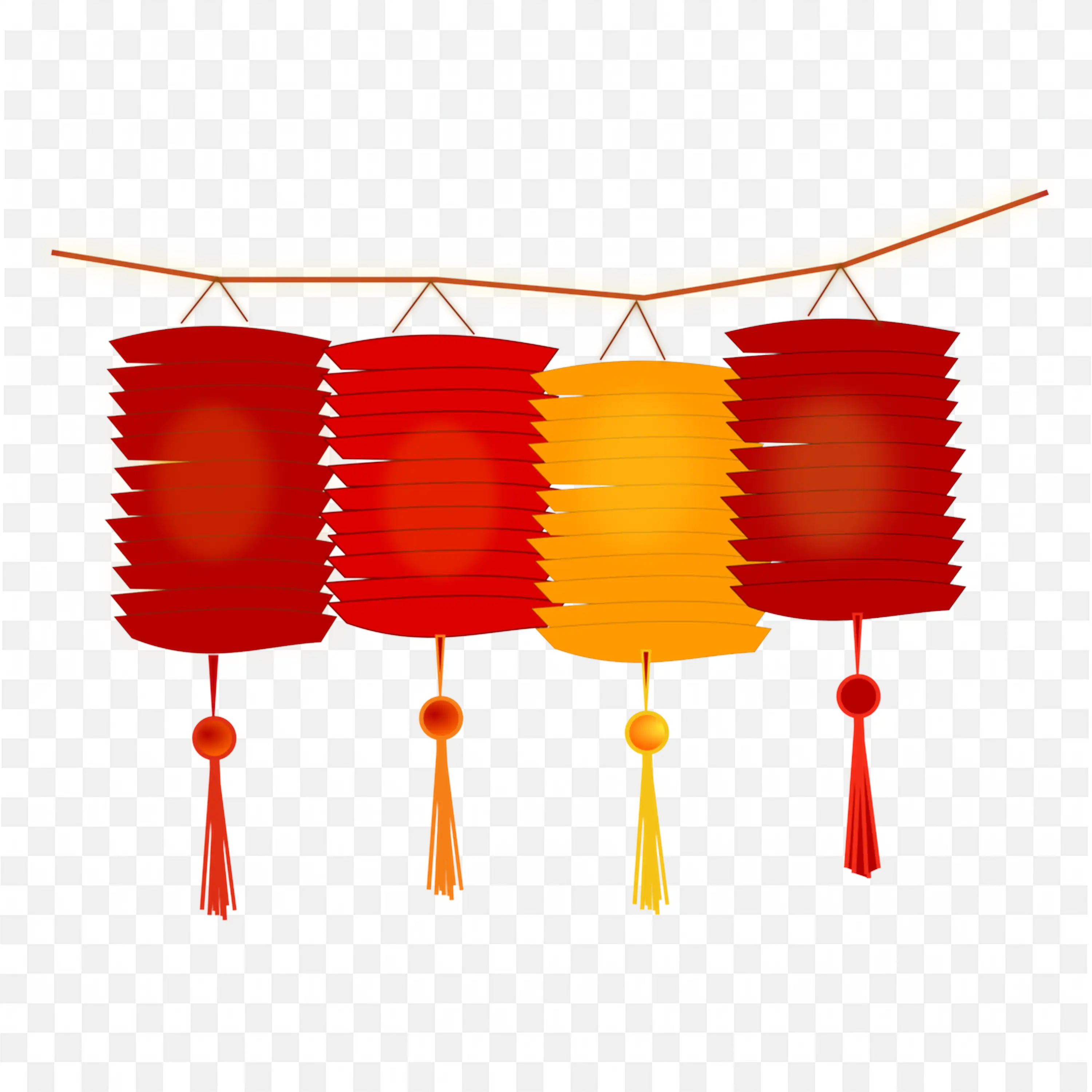 Three Red And Orange Lanterns Hanging In Festive Row PNG