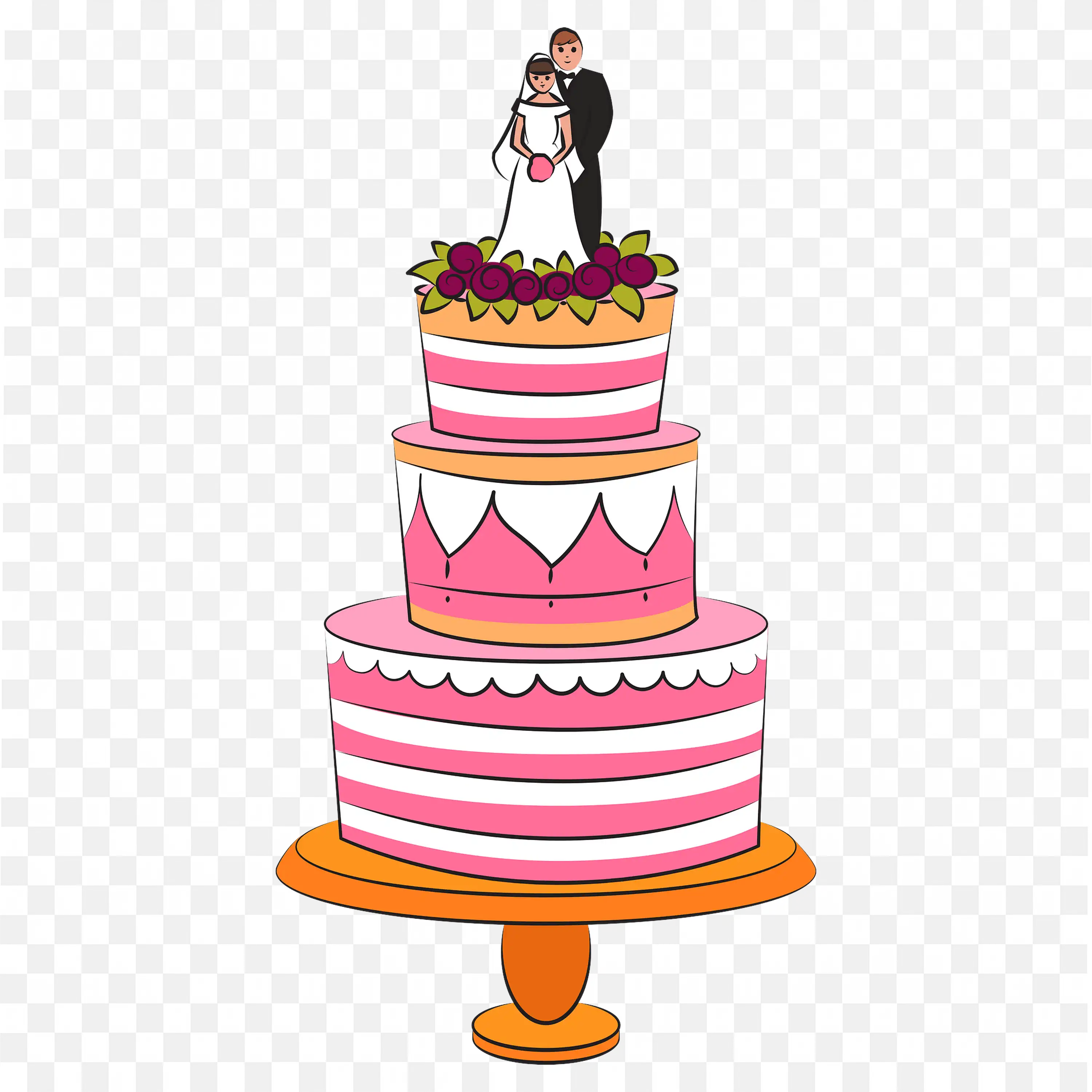 Three Tier Wedding Cake Bride and Groom Topper Art PNG