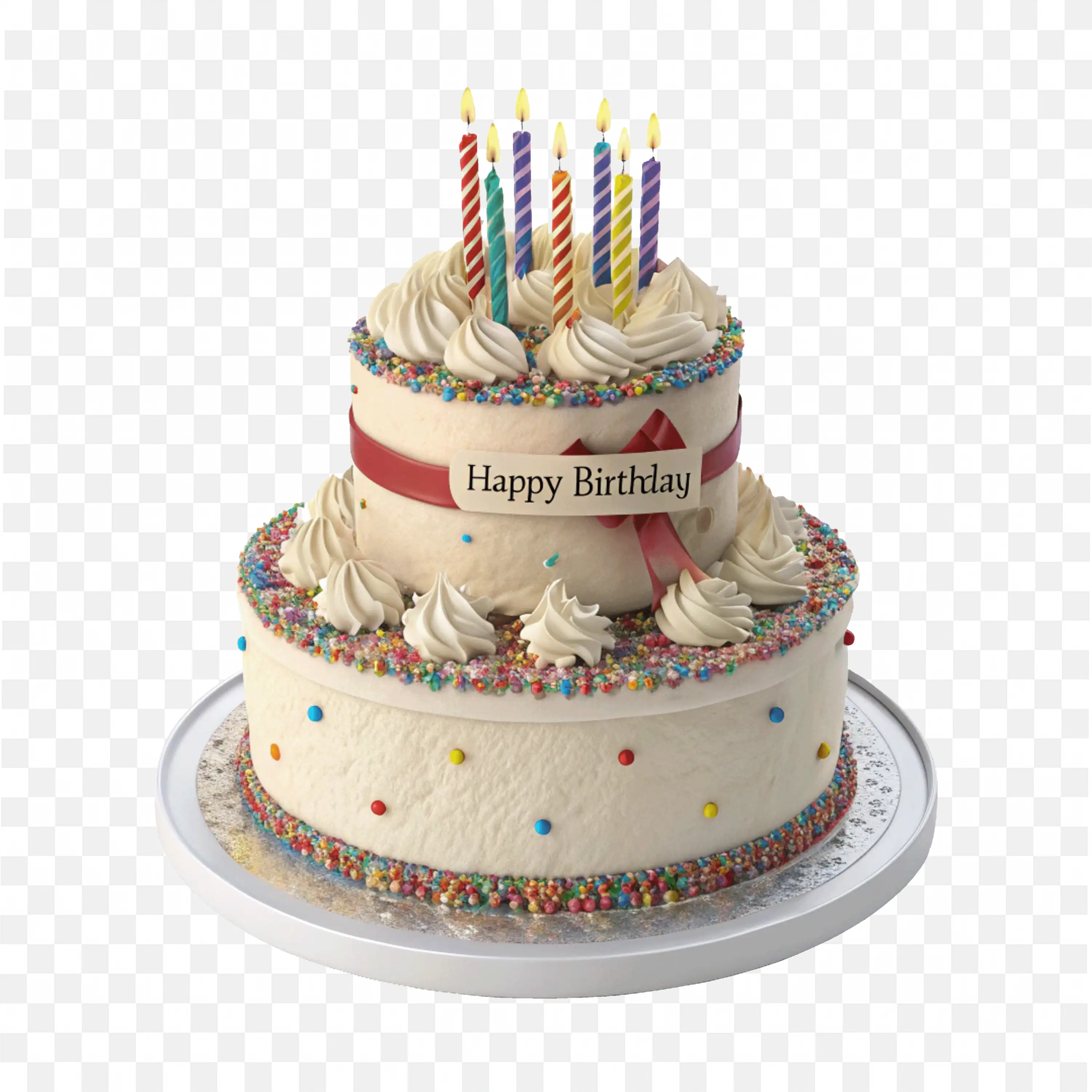 TwoTier Birthday Cake Sprinkles Frosting and Candles PNG