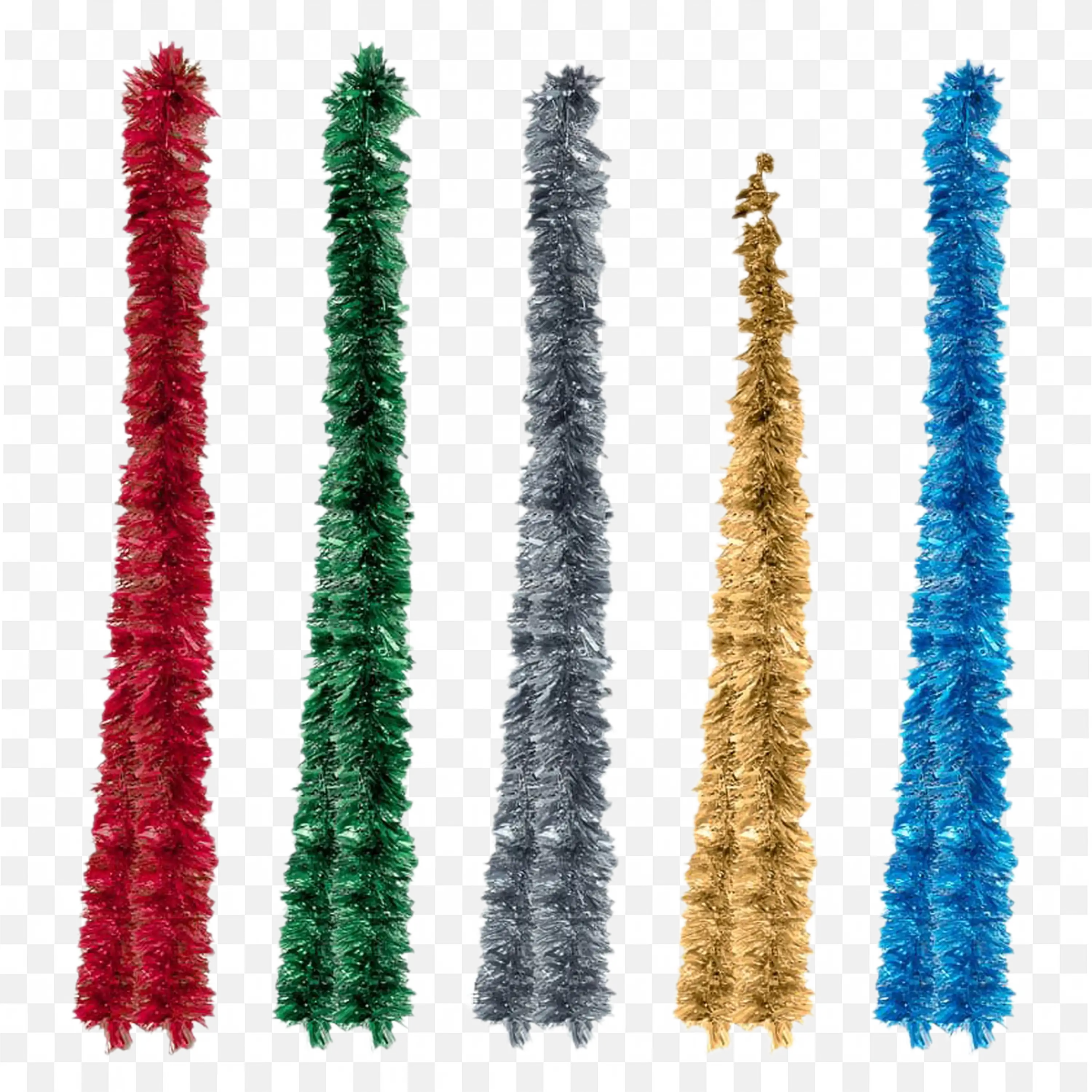 Various Color Tinsel Garlands Hanging In Multiple Shades