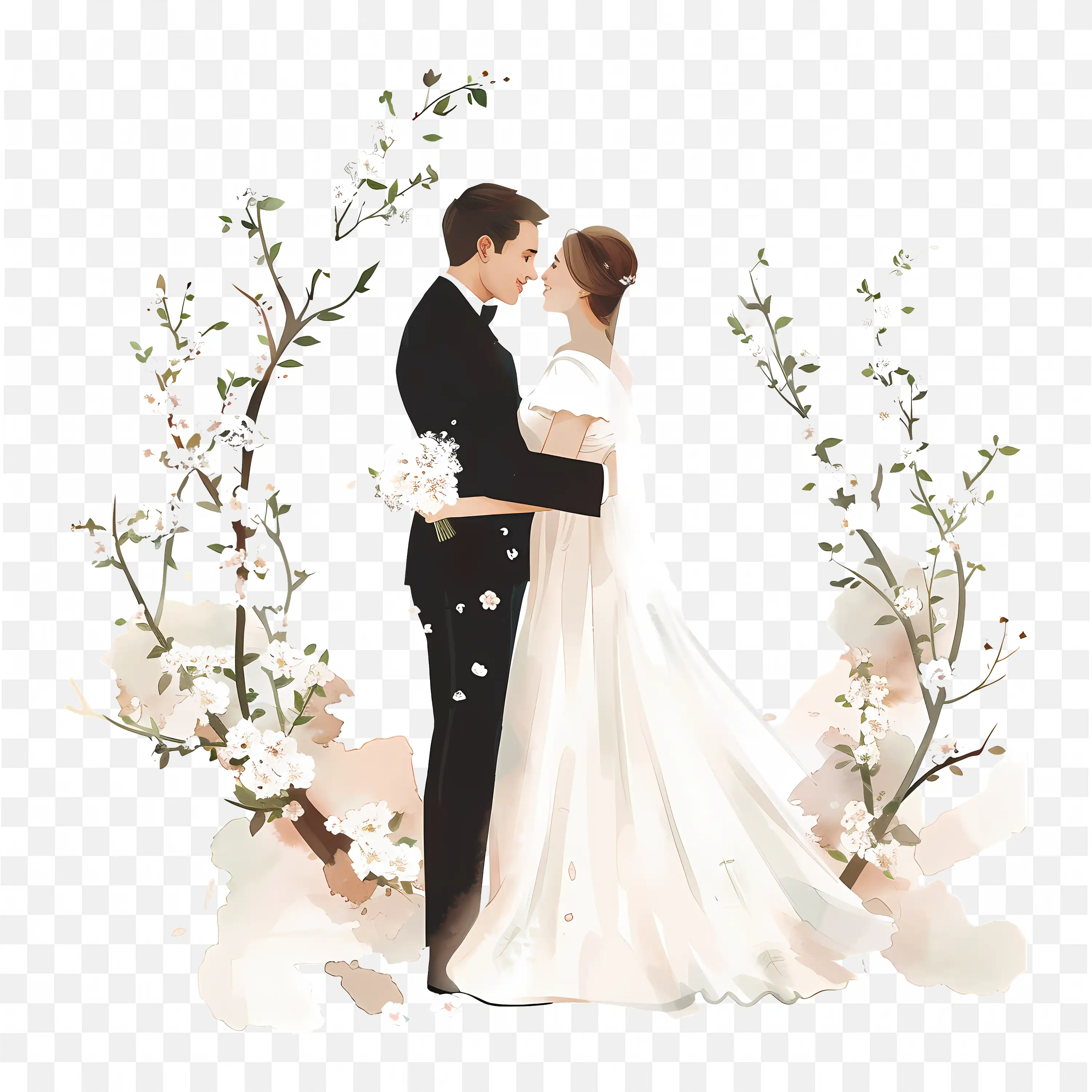 Watercolor Couple in Love Romantic Flower Arch Painting