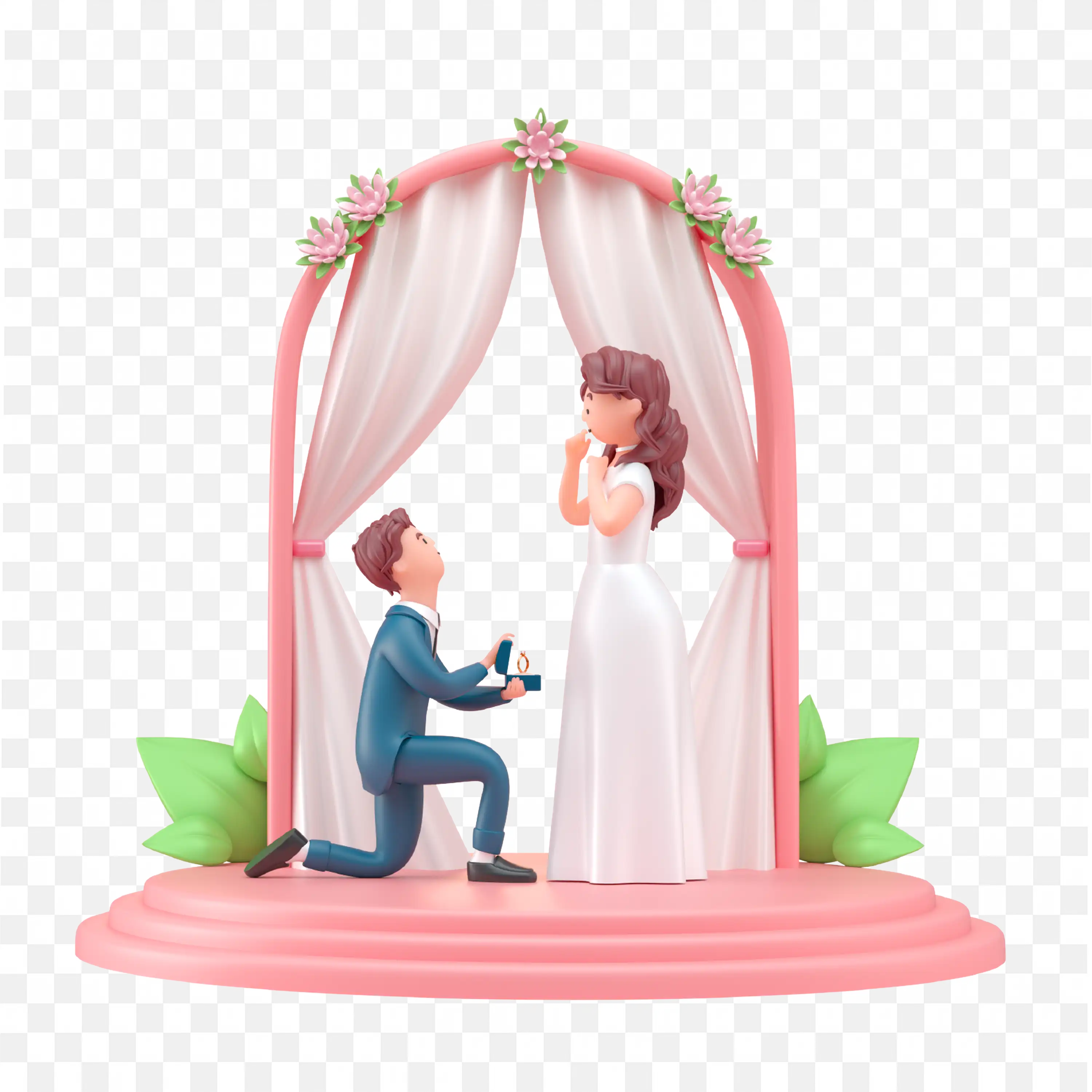 3D Wedding Couple Proposal Scene with Elegant Posh Ring PNG Art