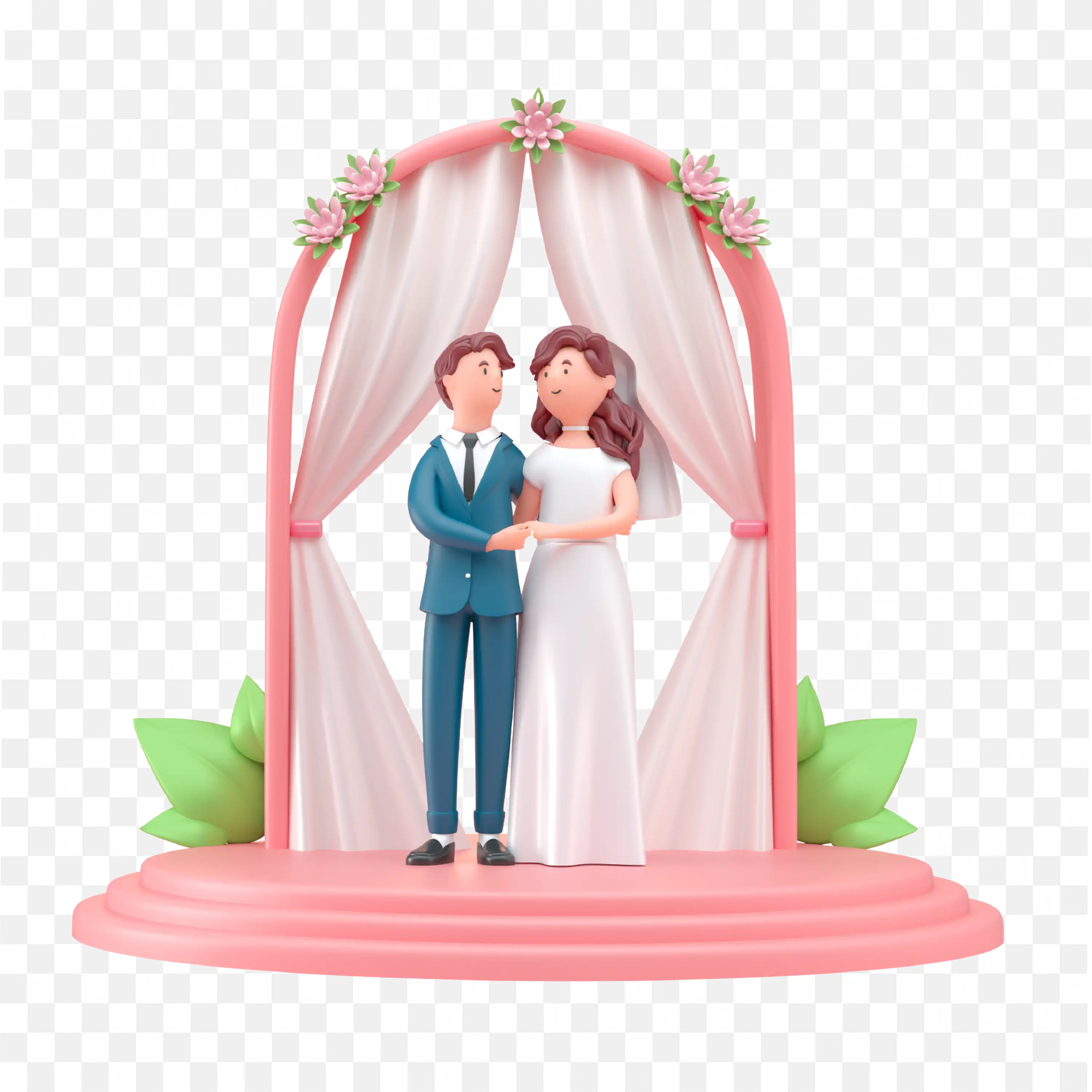 3D Wedding Couple Illustration Standing Under Beautiful Floral Arch