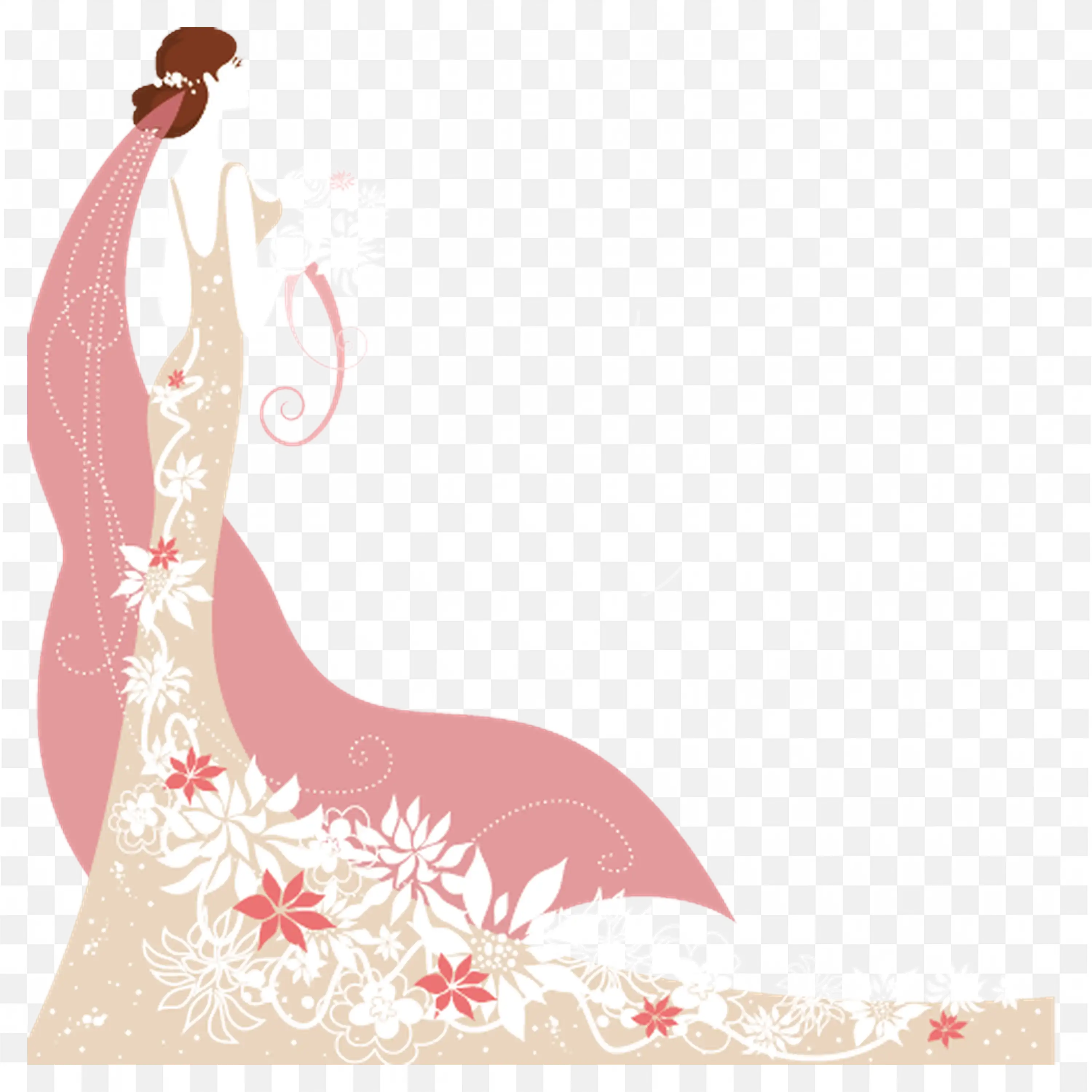 Wedding Dress Illustration with White and Pink Floral Design