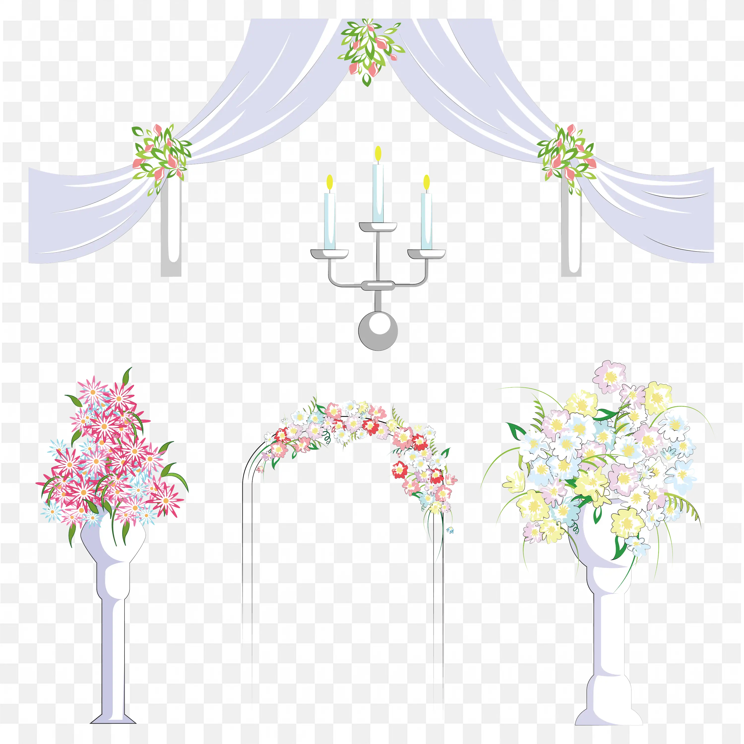 Wedding Hall Decor with Drapes Floral Arch and Candelabra Art