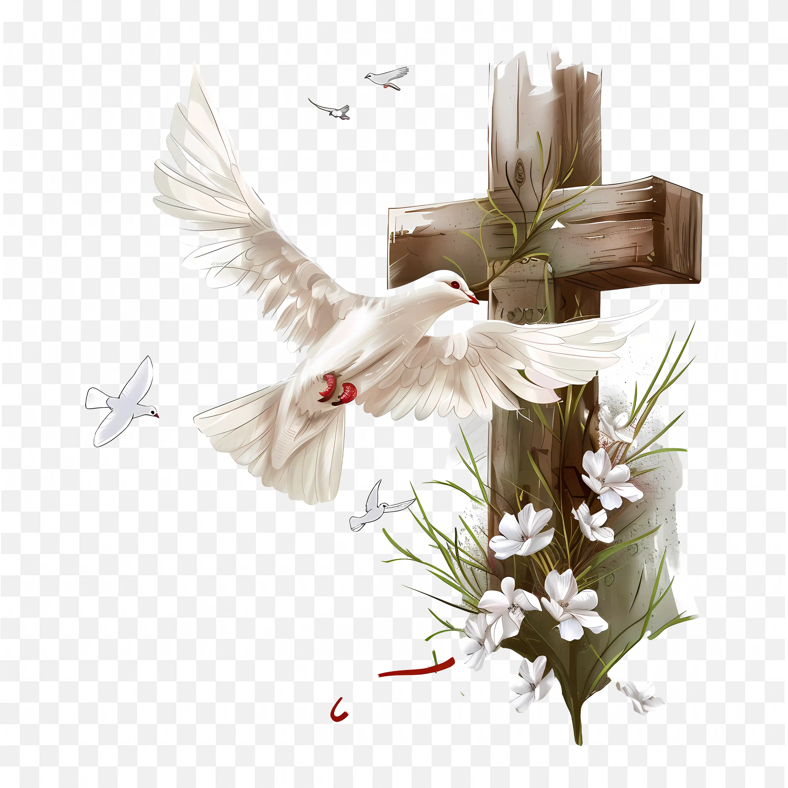 White Dove and Wooden Cross with Flowers Christian Art