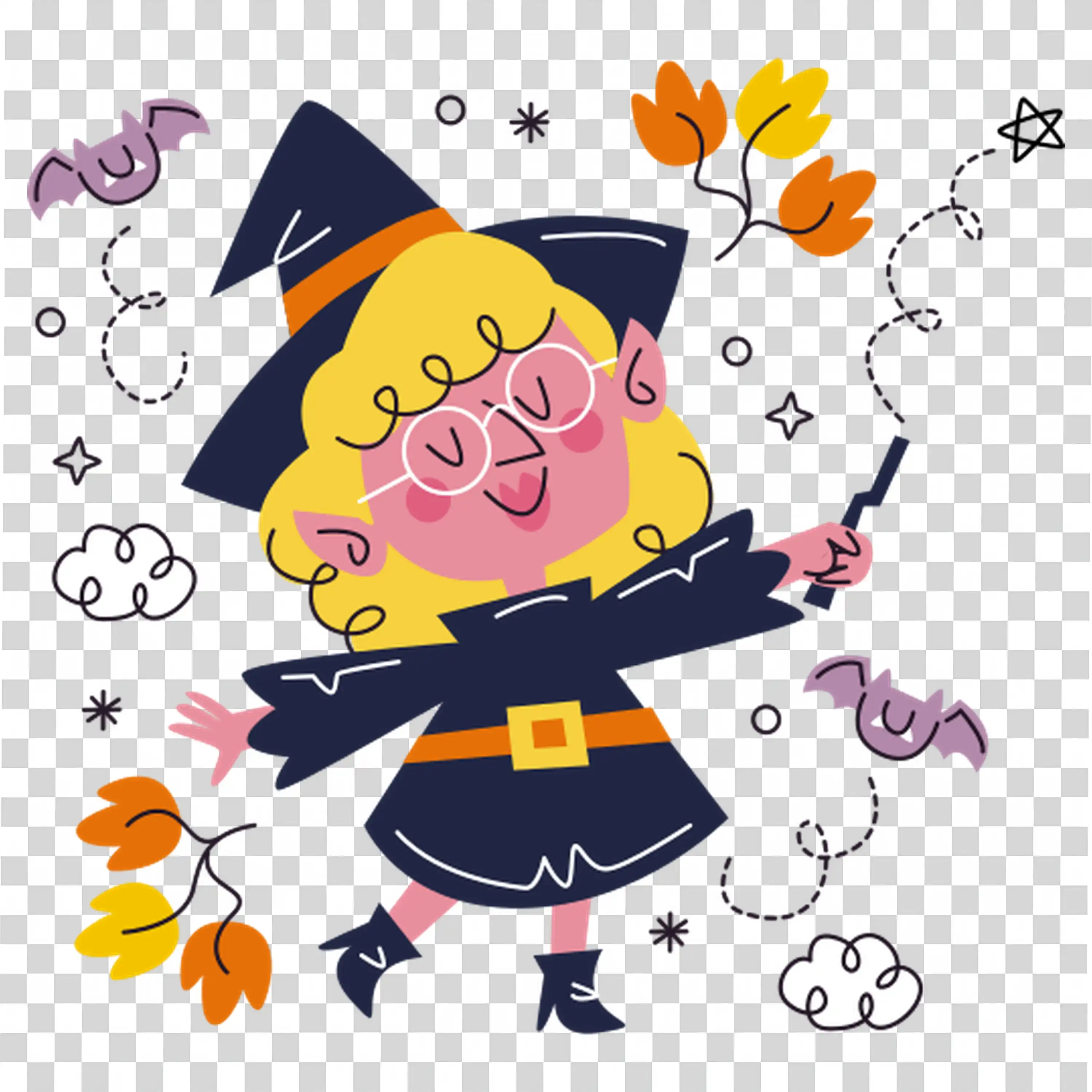 Witch Flying with Black Cat and Falling Autumn Leaves