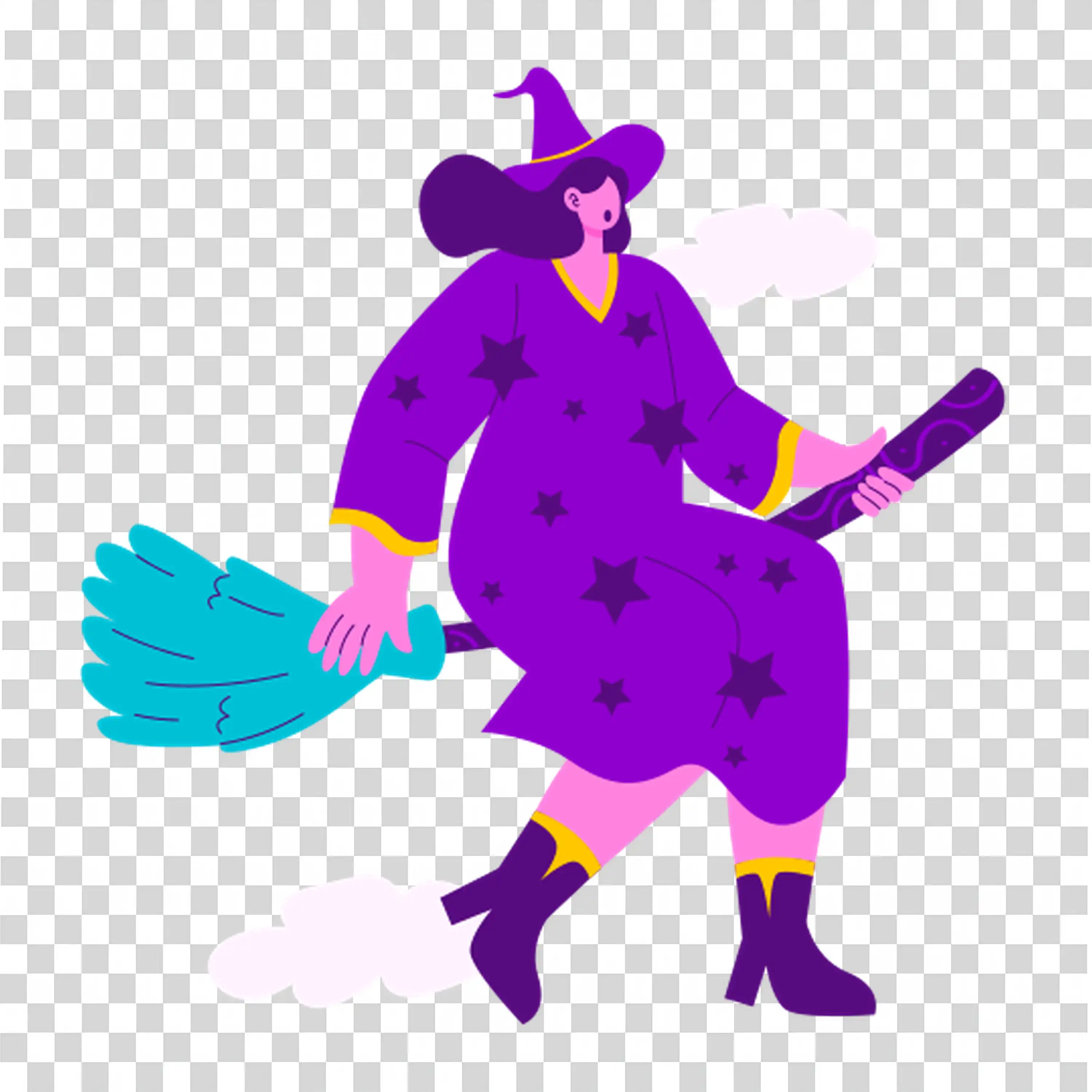 Witch Riding a Broomstick in a Purple Starry Halloween Night