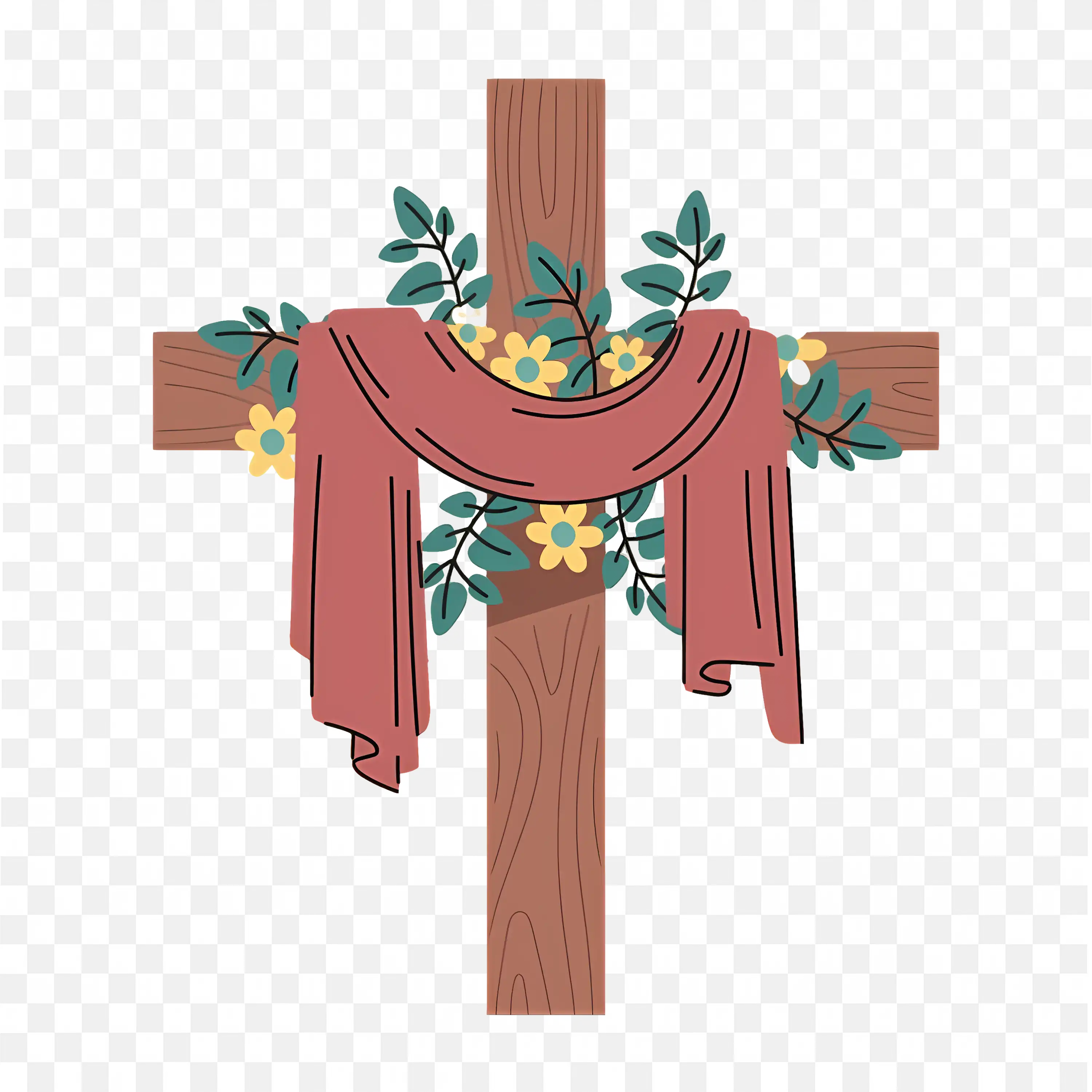 Wooden Christian Cross with Flowers and Draped Cloth Easter Art