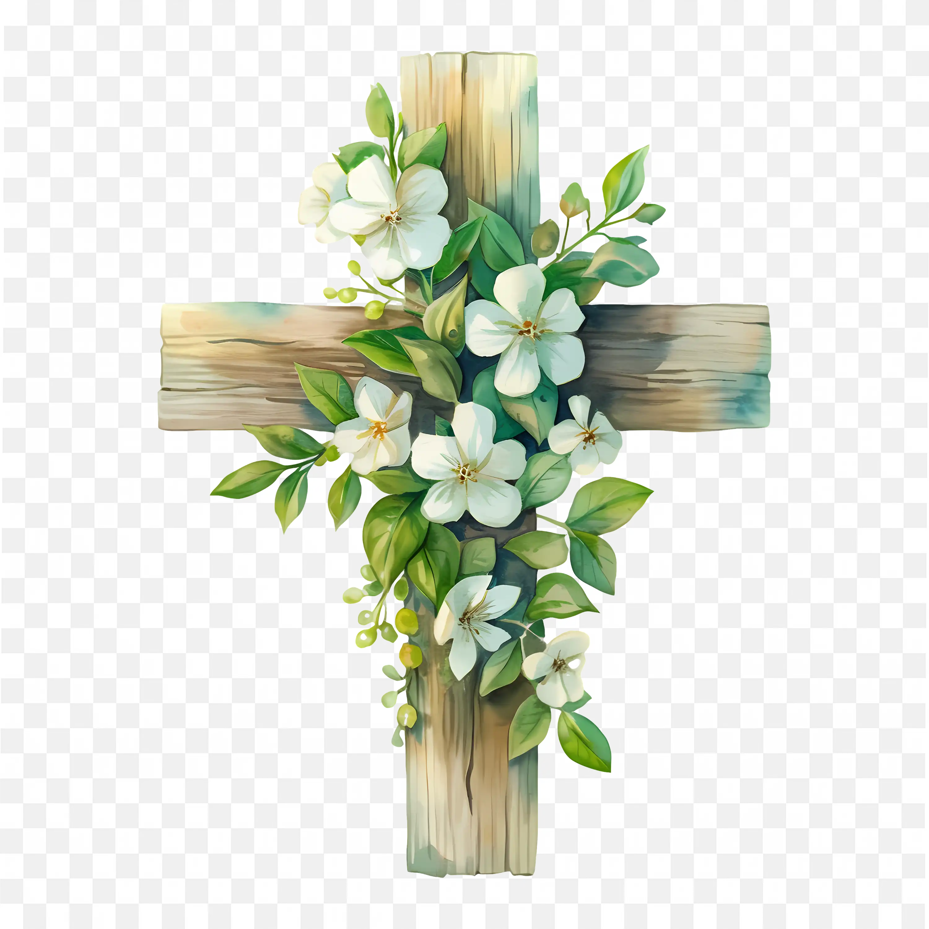 Wooden Christian Cross with White Flowers and Green Leaves