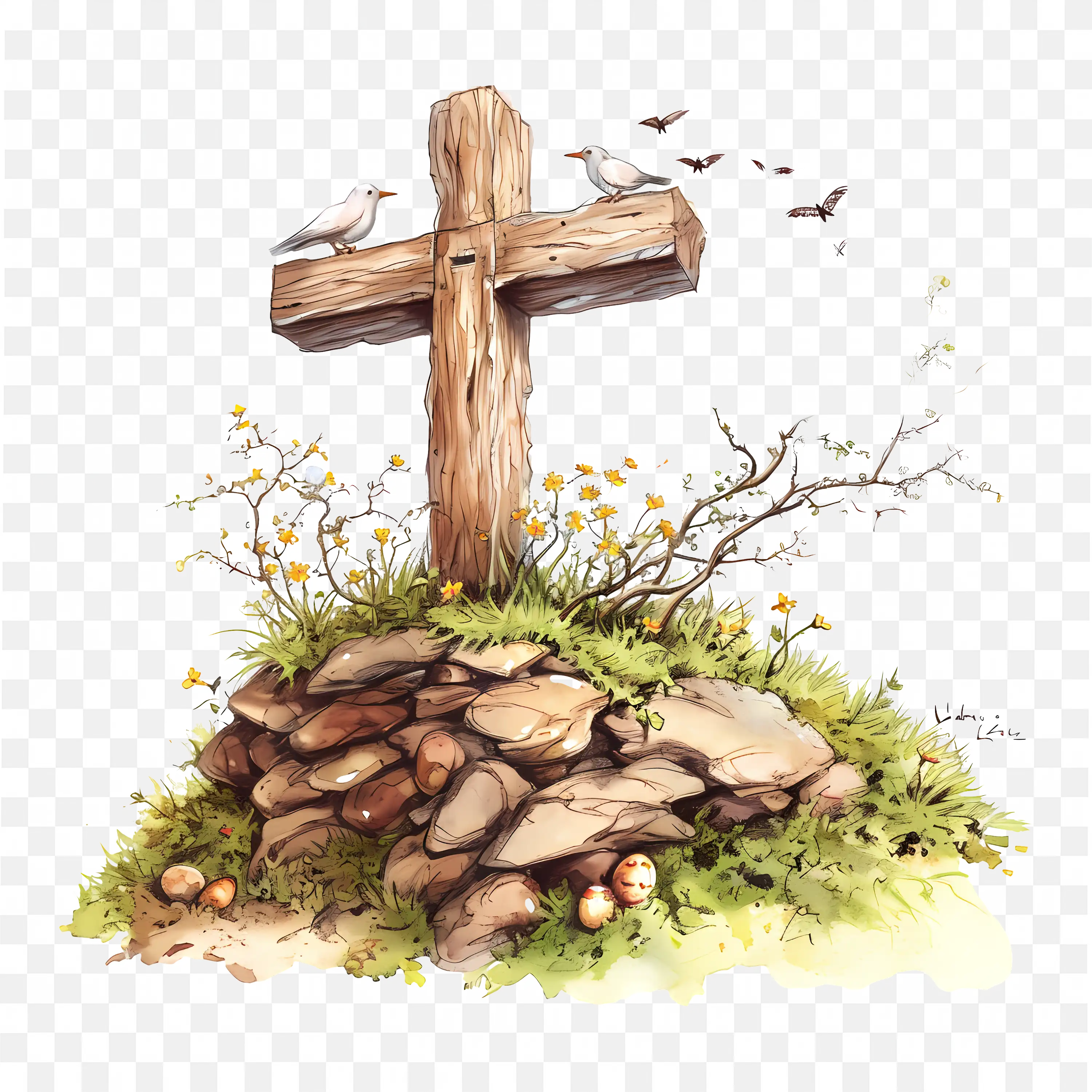 Wooden Cross in Field Serene Nature Christian Scene Art
