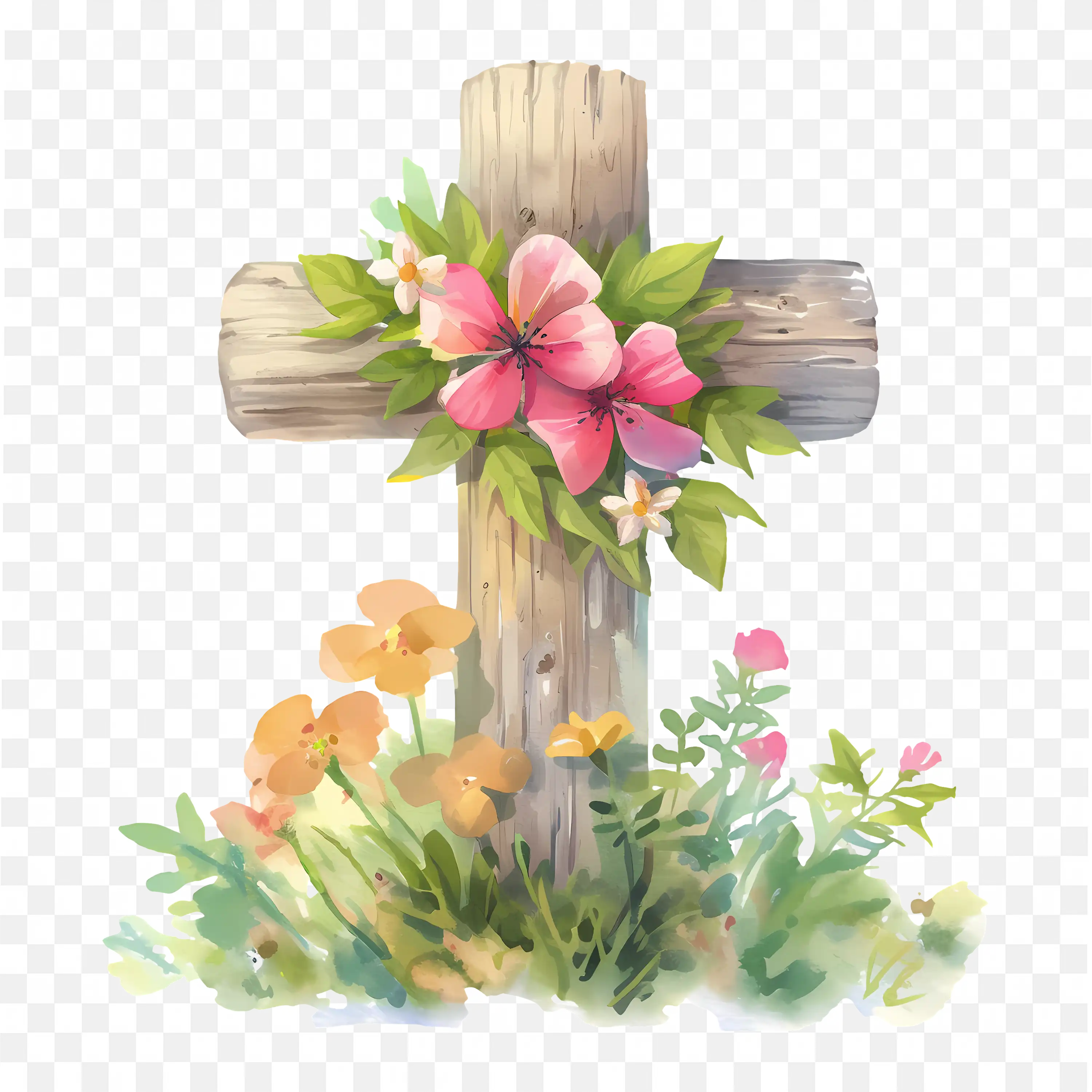 Wooden Cross with Flowers Easter Resurrection Symbol Art PNG