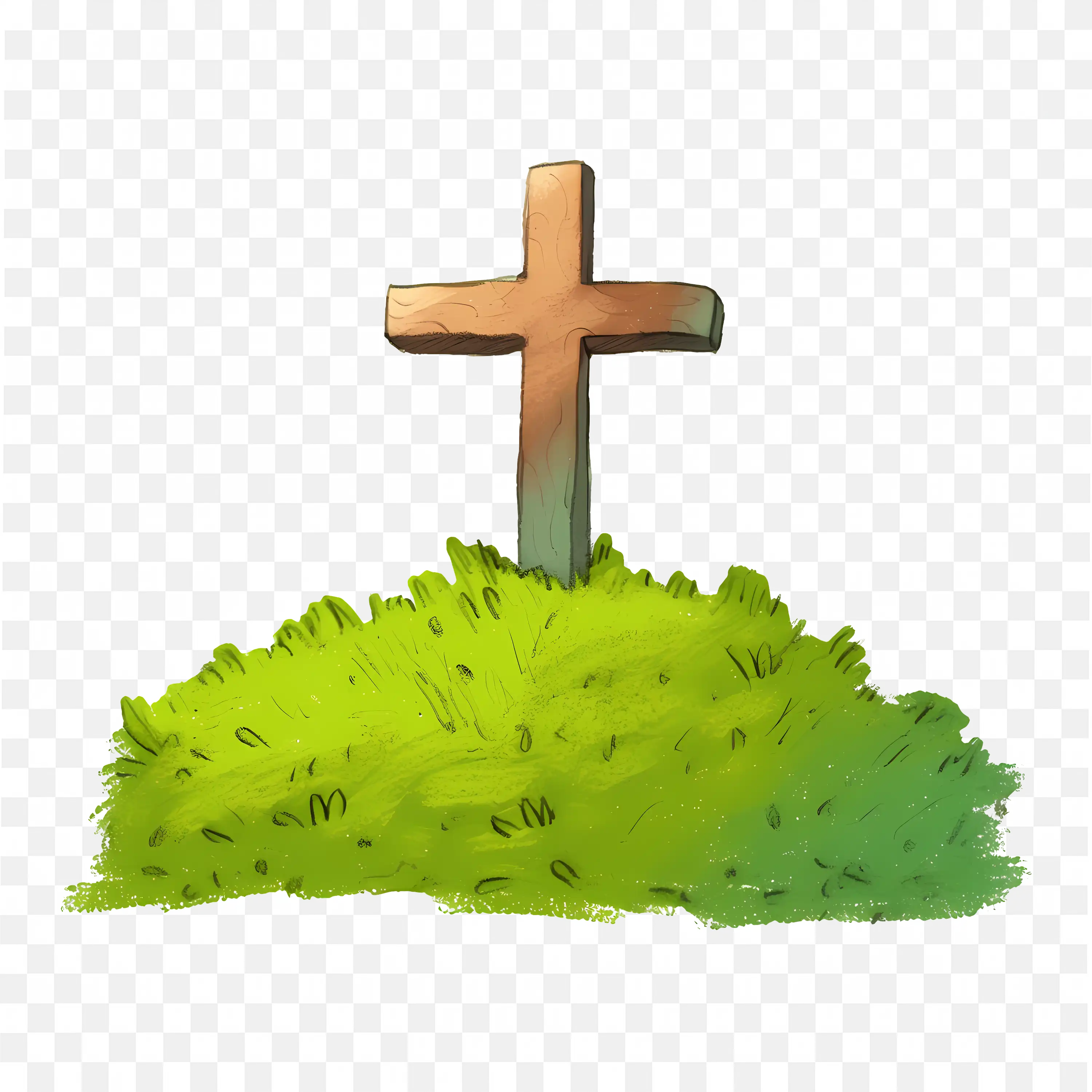Wooden Cross on Grassy Hill Simple Christian Symbol Art