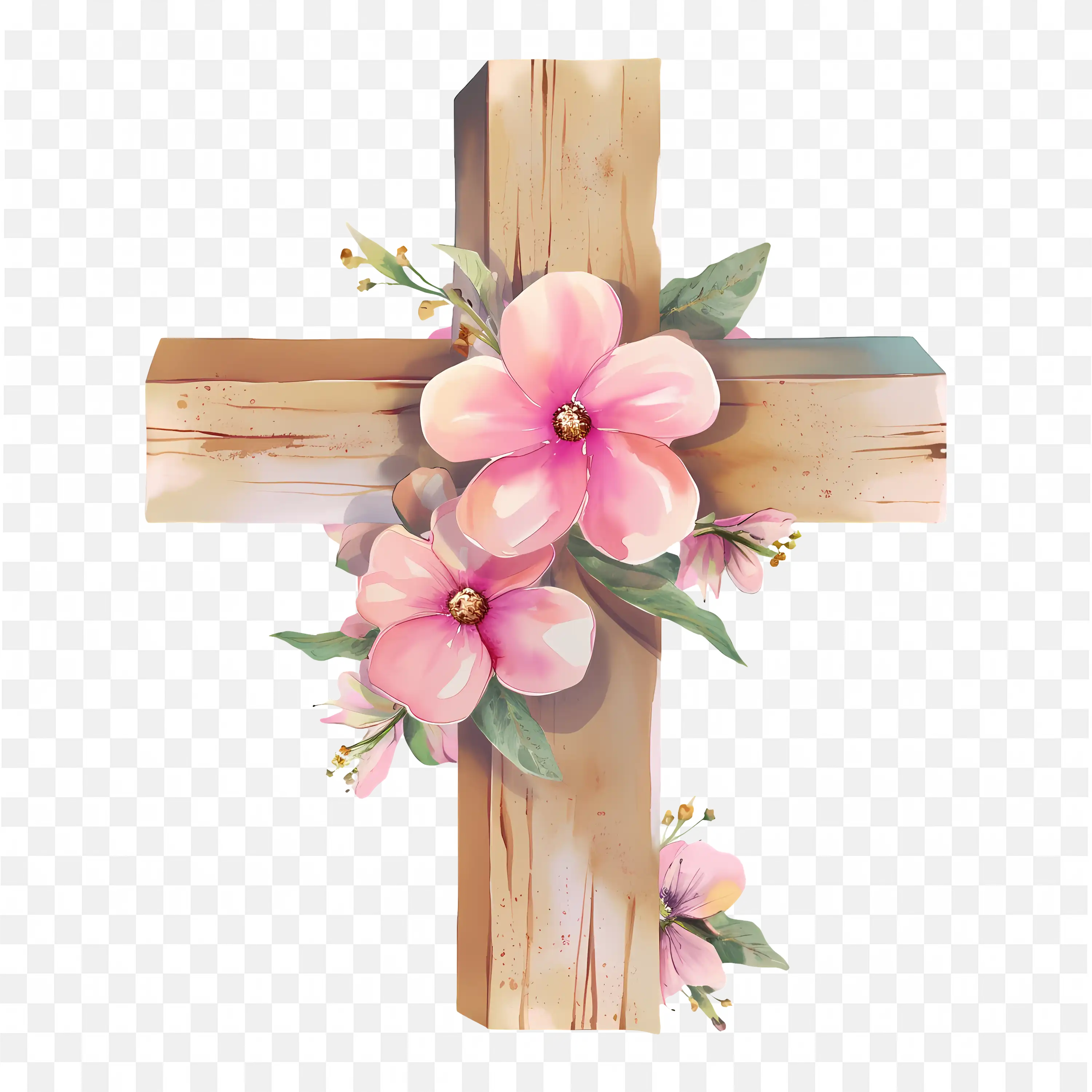 Wooden Cross with Pink Flowers Clipart for Easter Decoration Art