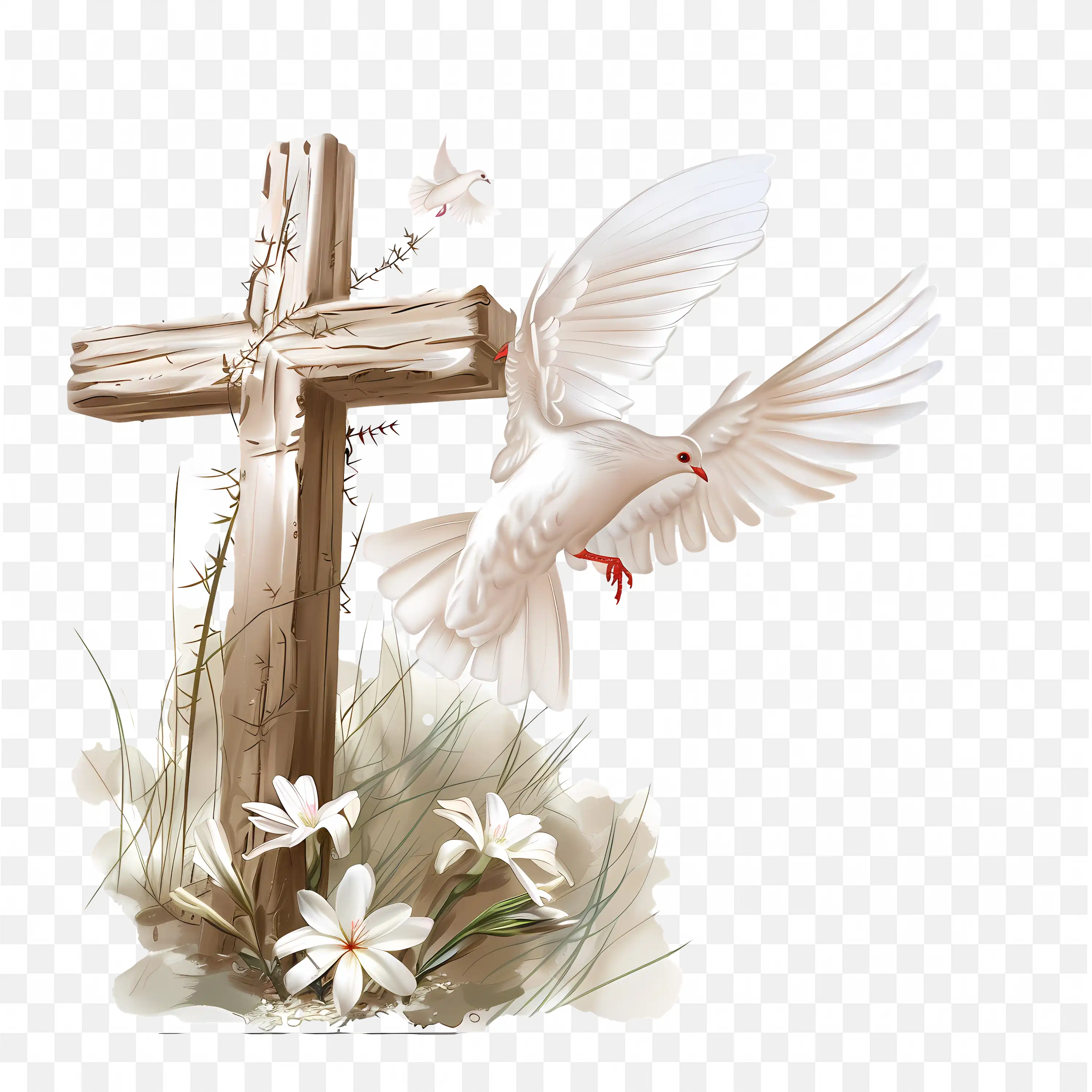 Wooden Cross with White Dove and Lilies Symbolic Christian Art