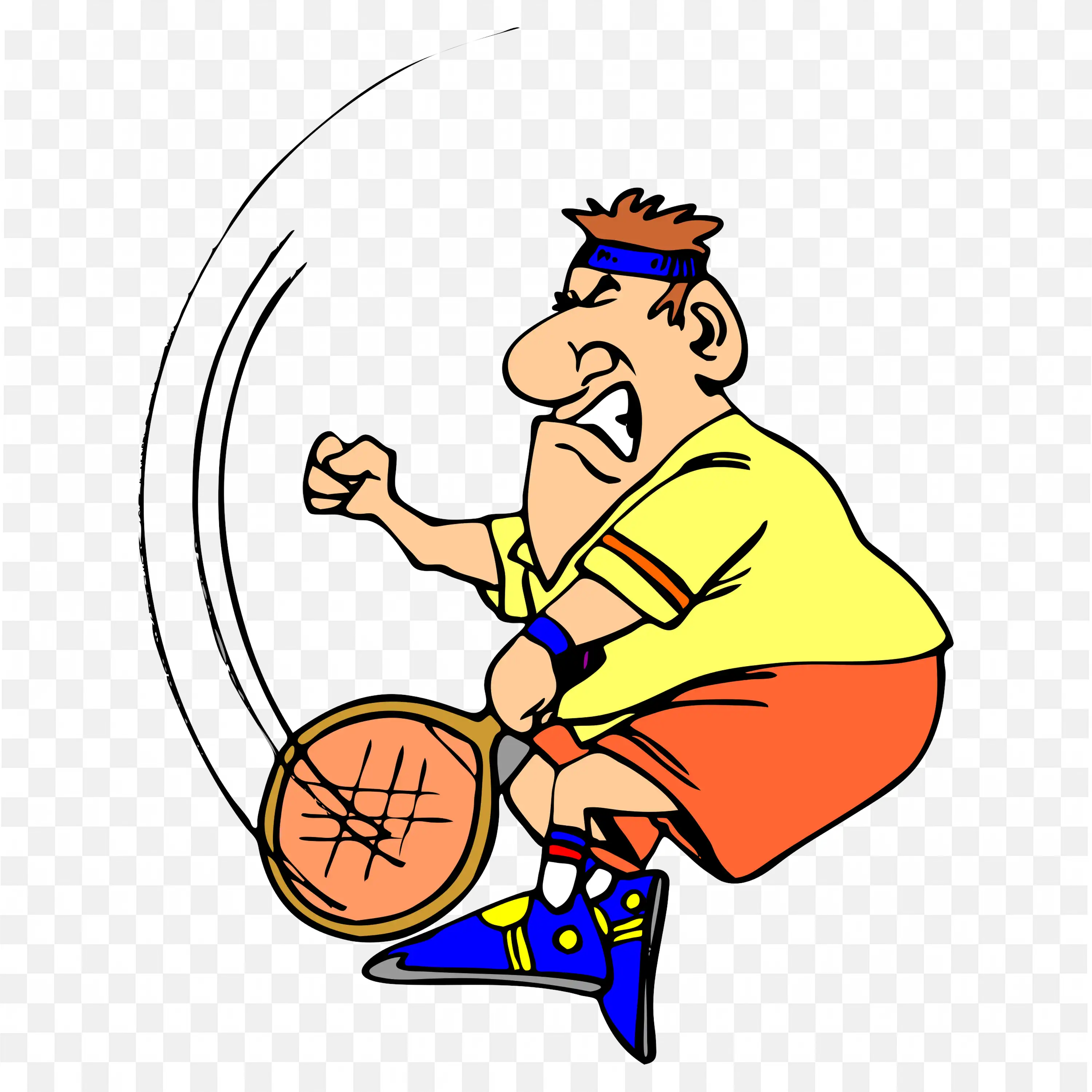 Angry Cartoon Tennis Player Swinging a Racket in Anger