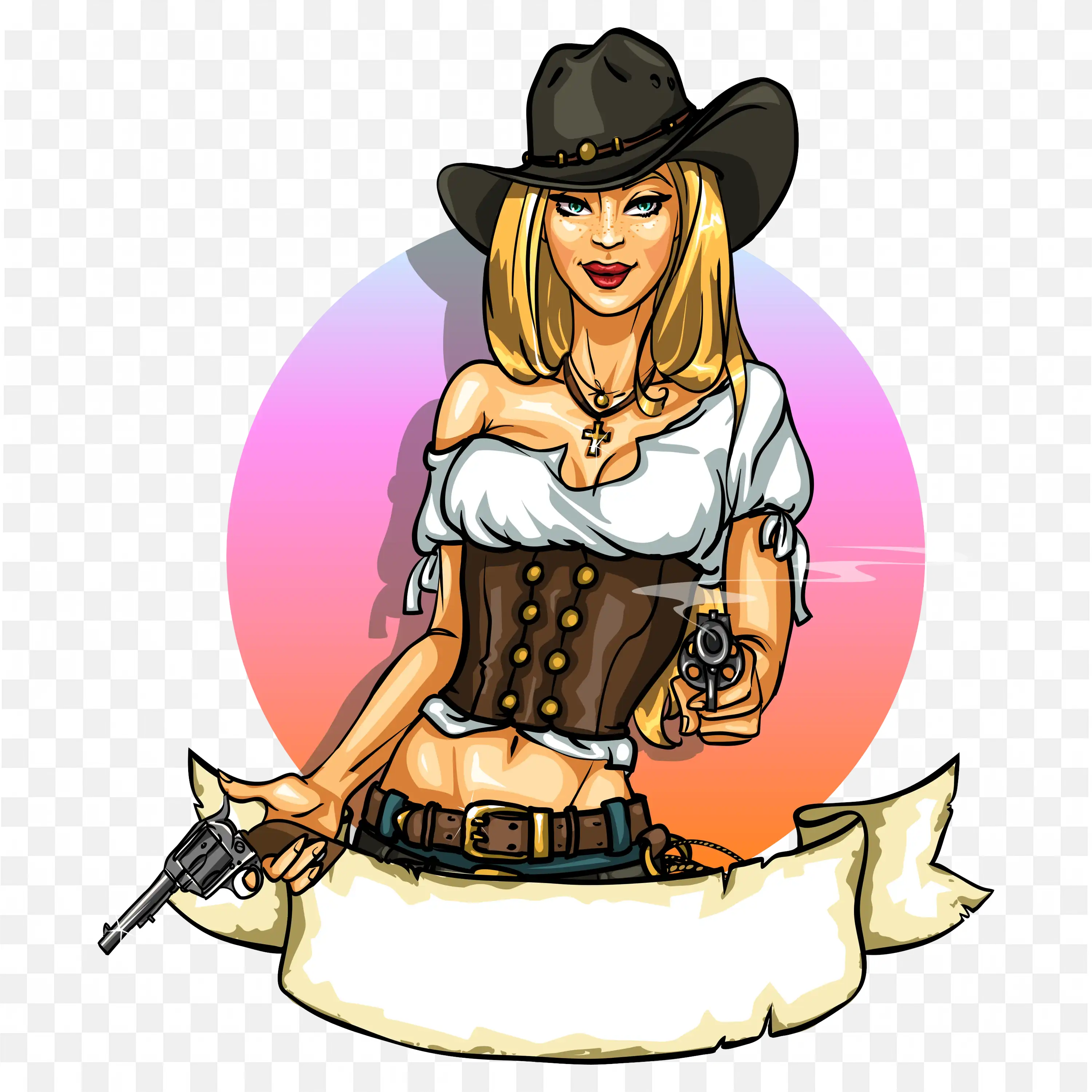 Armed Cowgirl Holding Gun in a Sunset Background Free Png