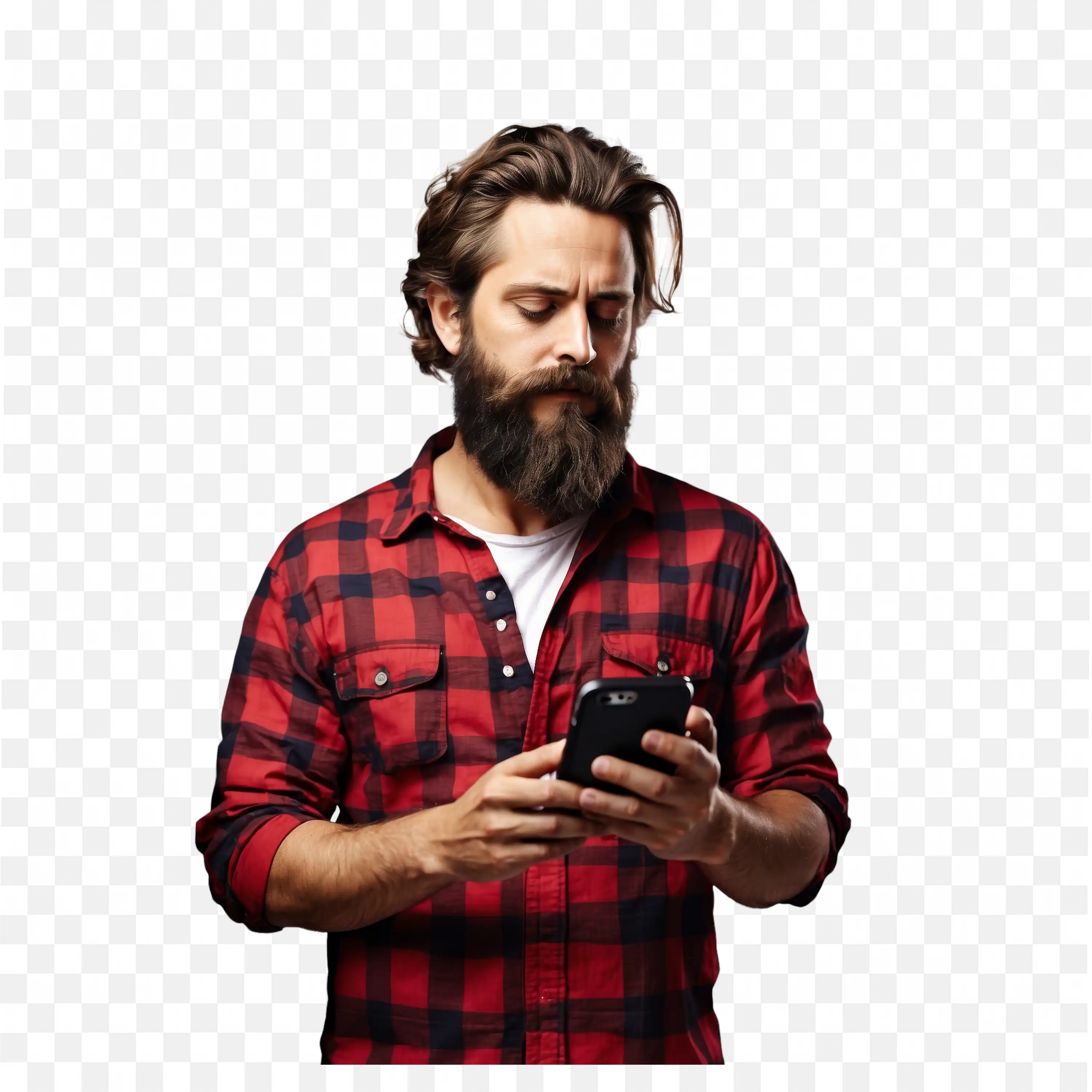 Bearded Man Focused on Smartphone in Red Checkered Shirt