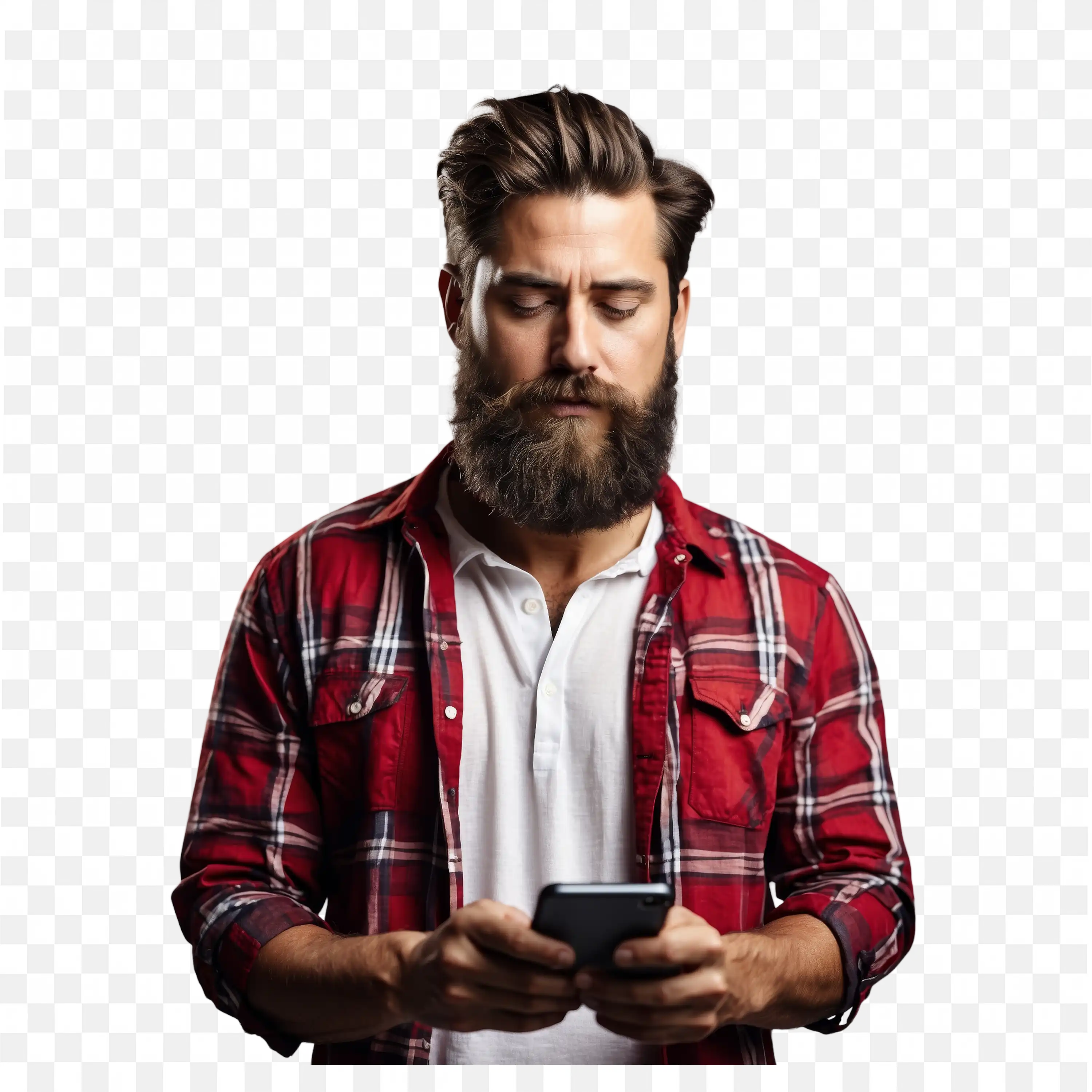 Bearded Man in Line Shirt Using Smartphone Png Download