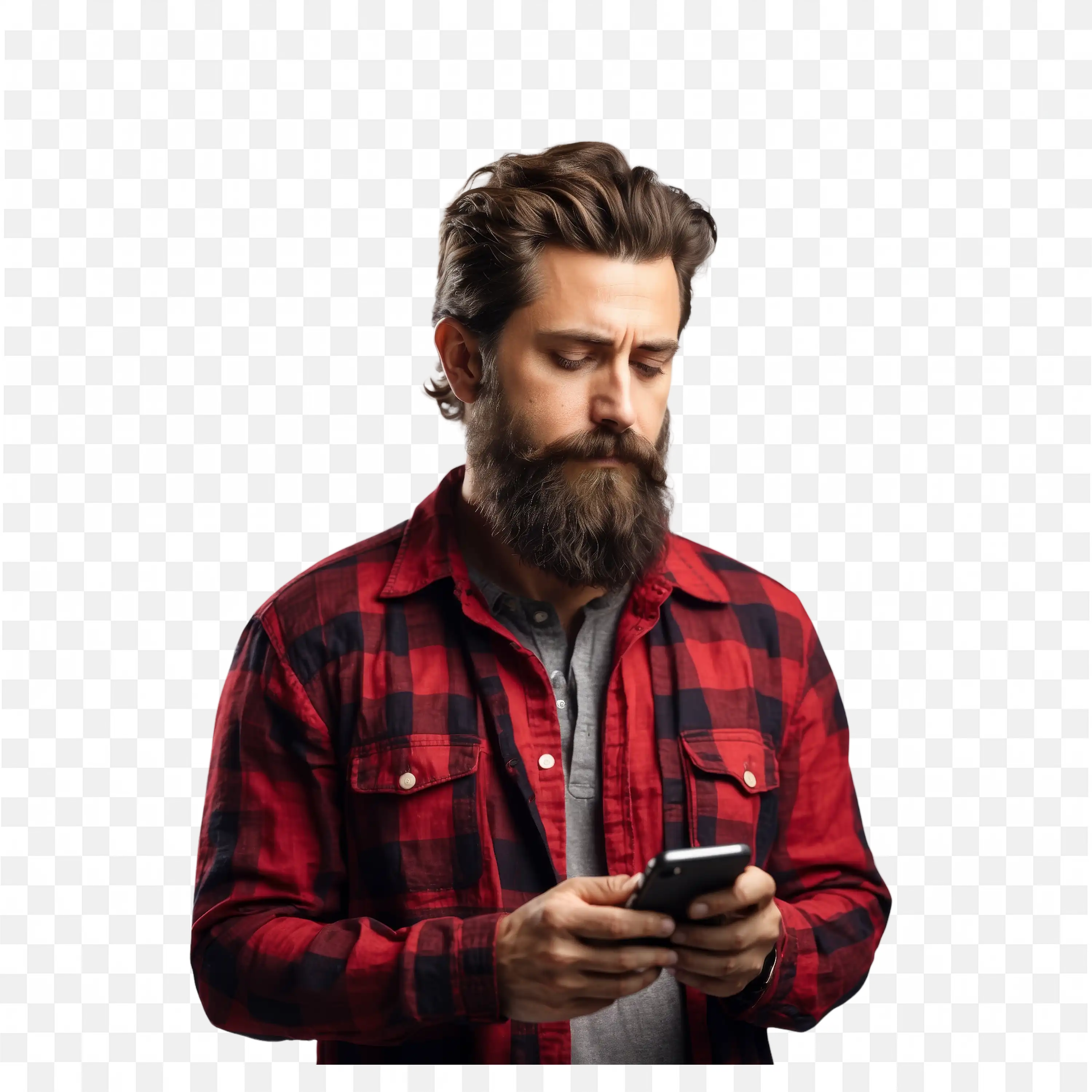 Bearded Man in Red Line Shirt Looking Smartphone with Focus