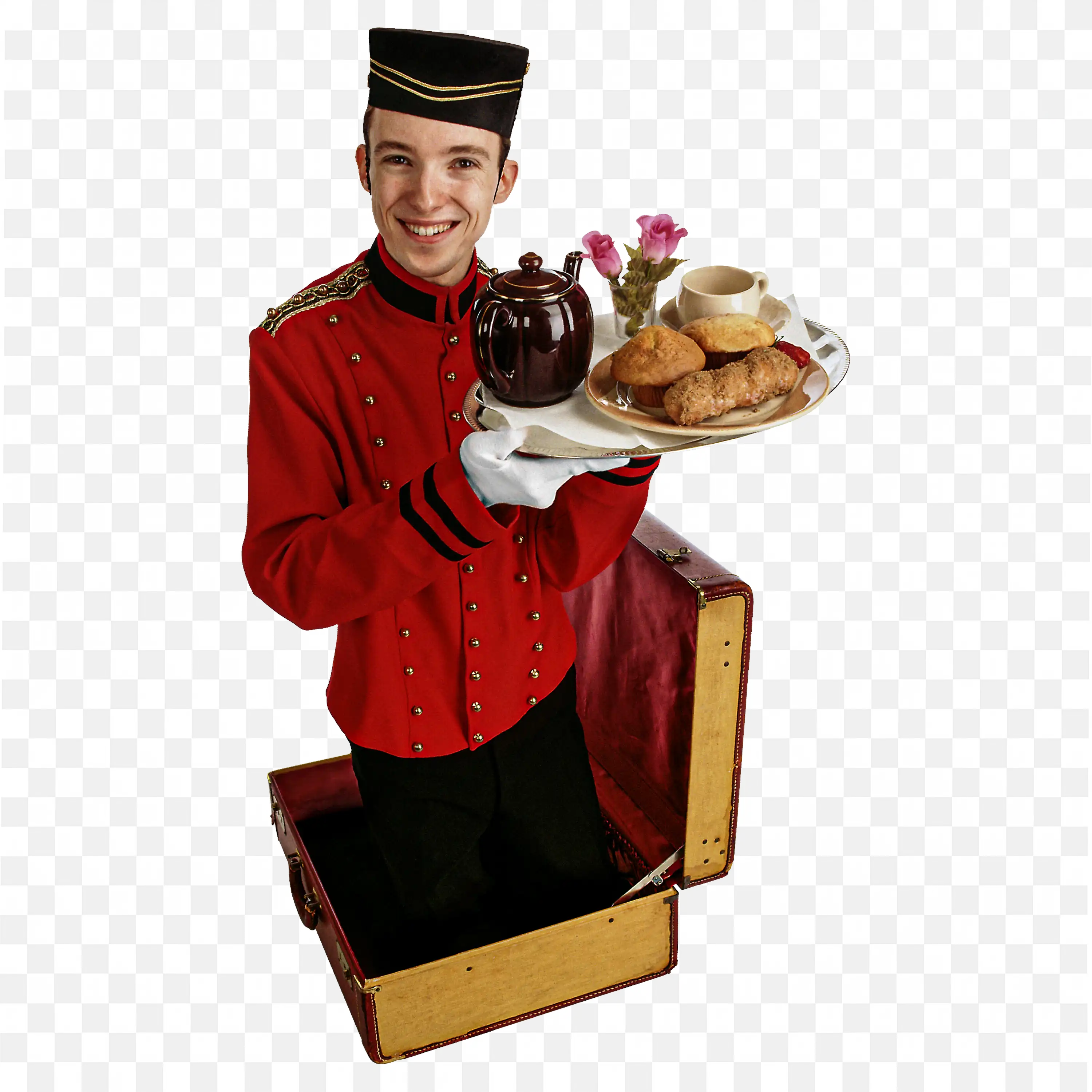 Bellboy Coming from Suitcase with Tray of Tea and Snacks