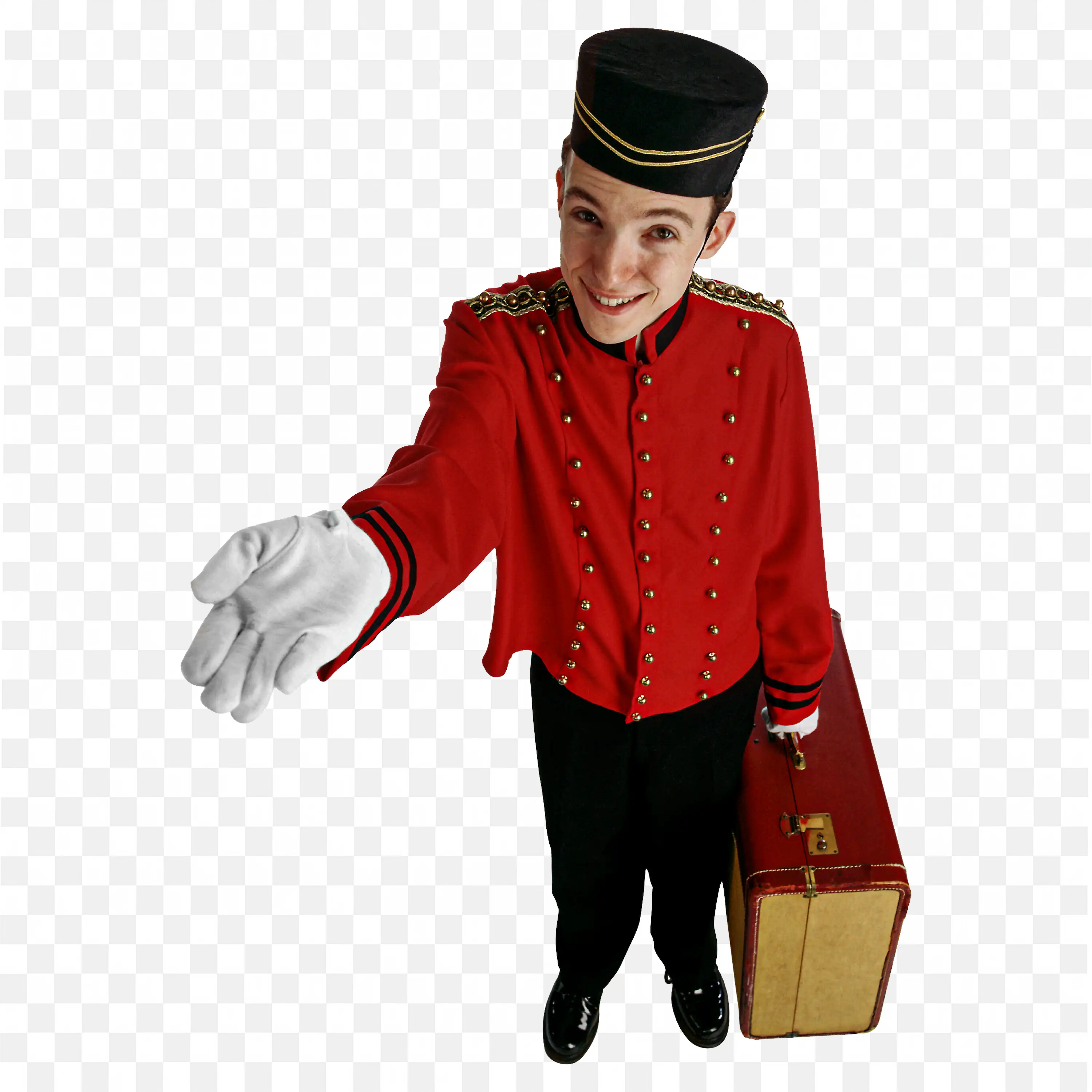 Bellboy in Red Uniform Giving Handshake and Holding Bag Png