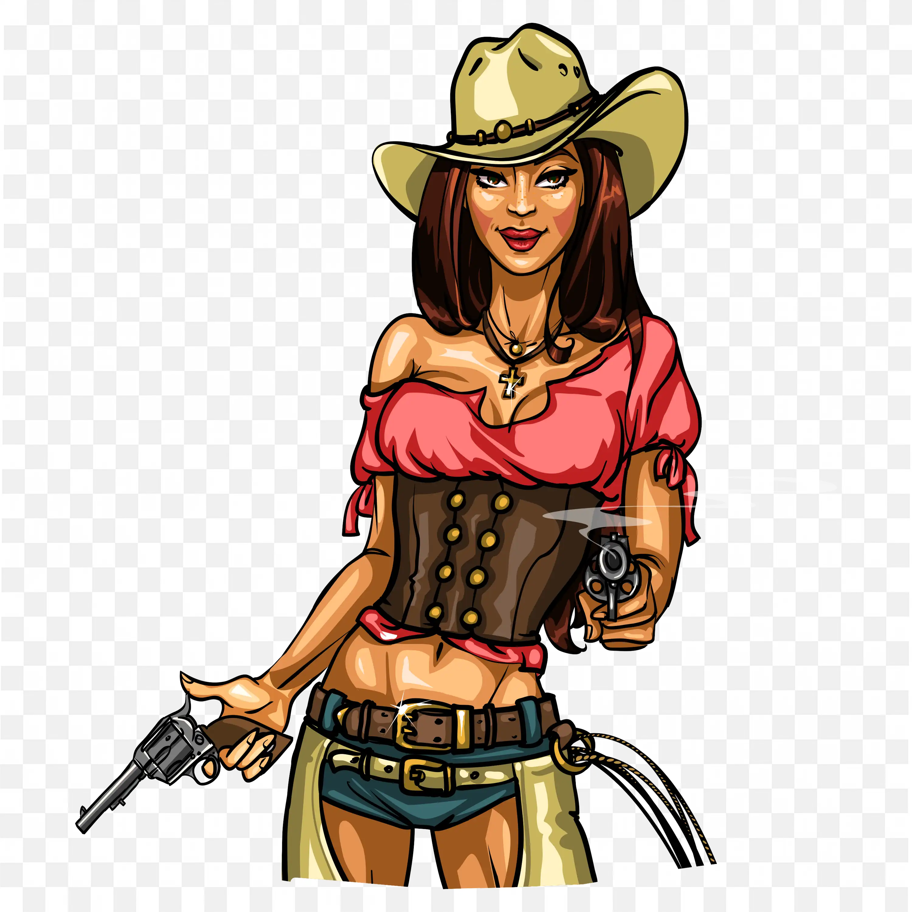 Bold Cowgirl Holding Pistols in Classic Outfit Png Free