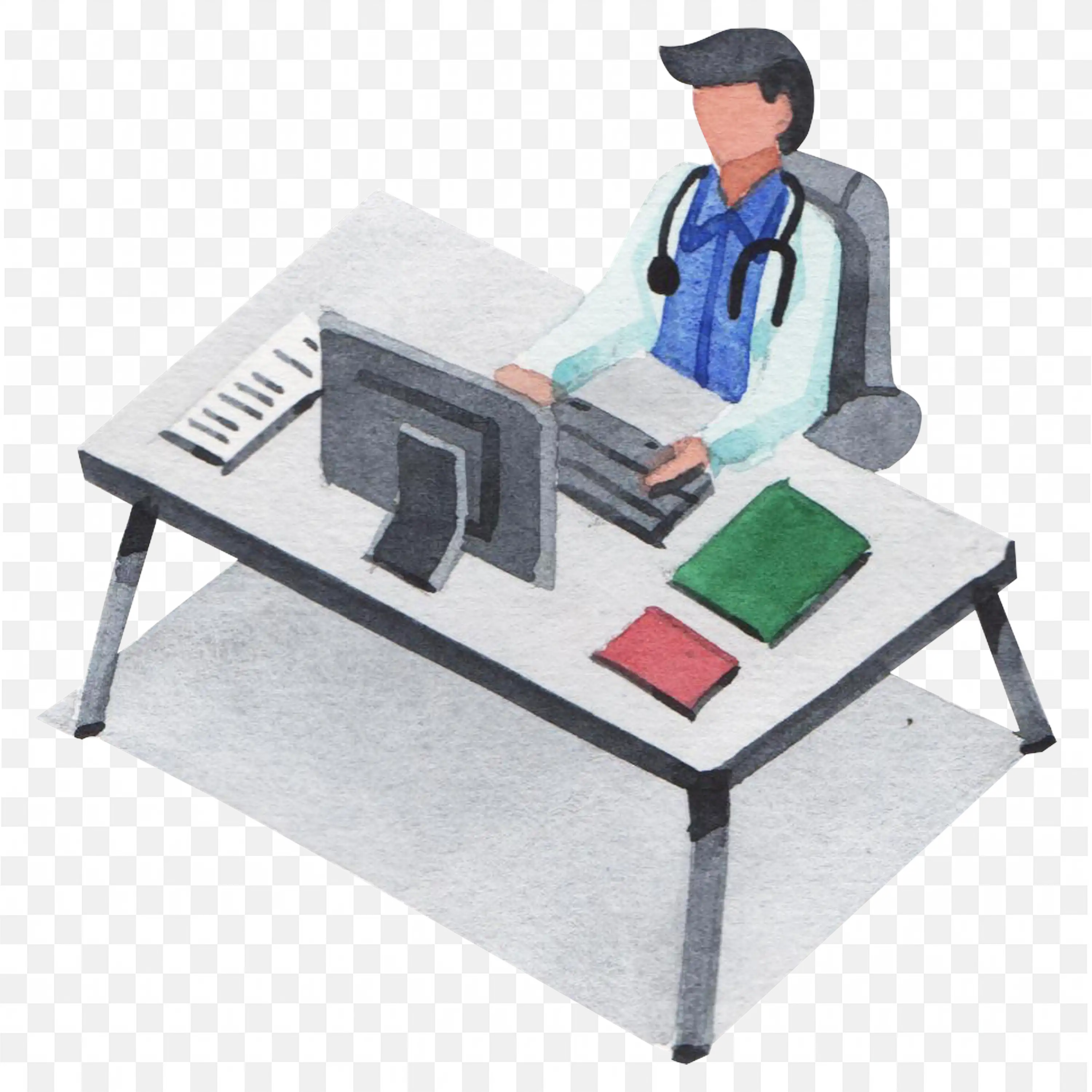Boy Working at the Table with Computer and Documents Png