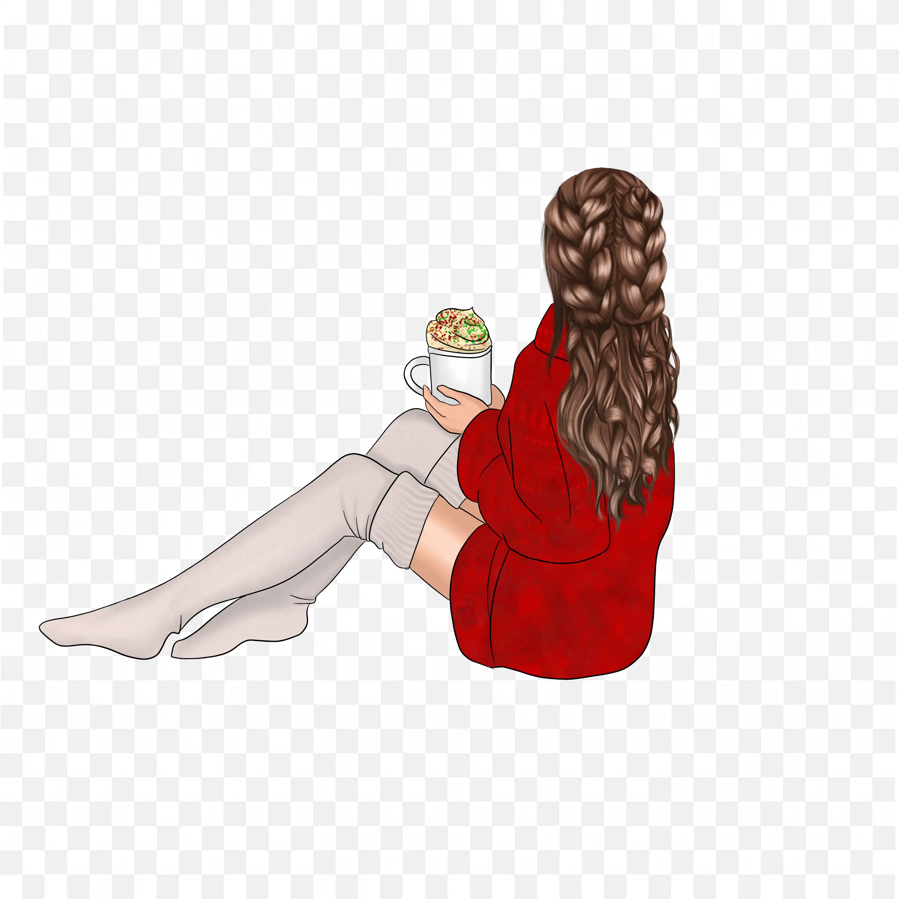 Braided Girl in Red Coat Holding Coffee Sitting Peacefully