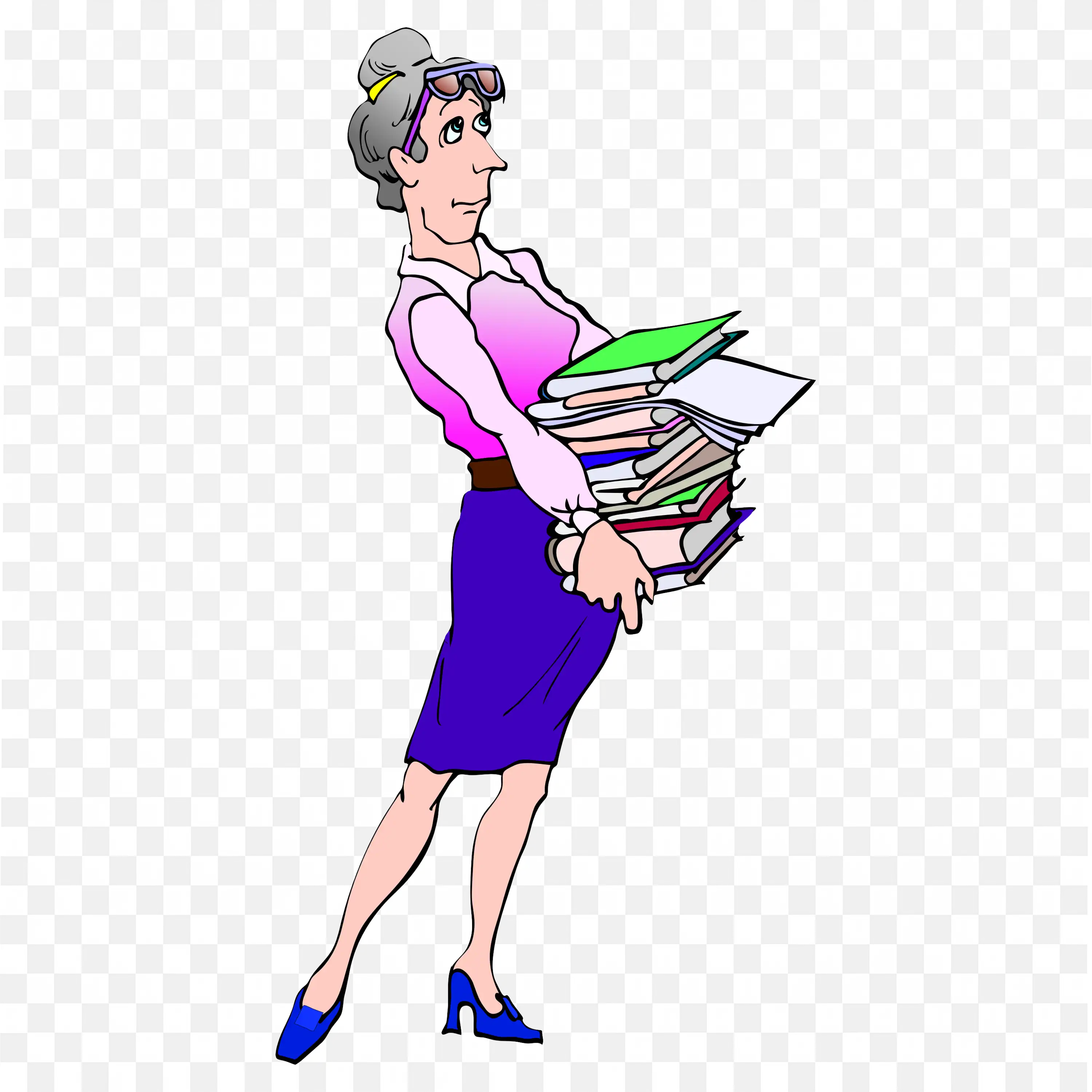 Busy Woman Carrying a Stack of Books and Papers Png Free
