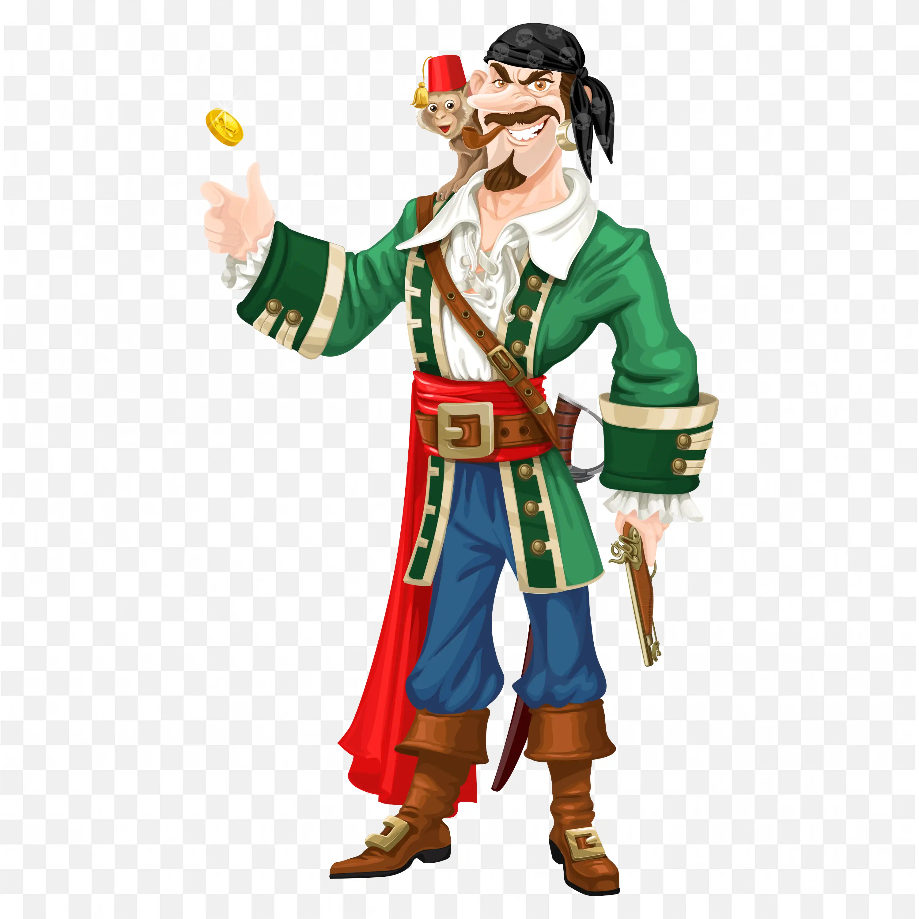 Captain Pirate with Monkey Flipping a Shiny Gold Coin Png