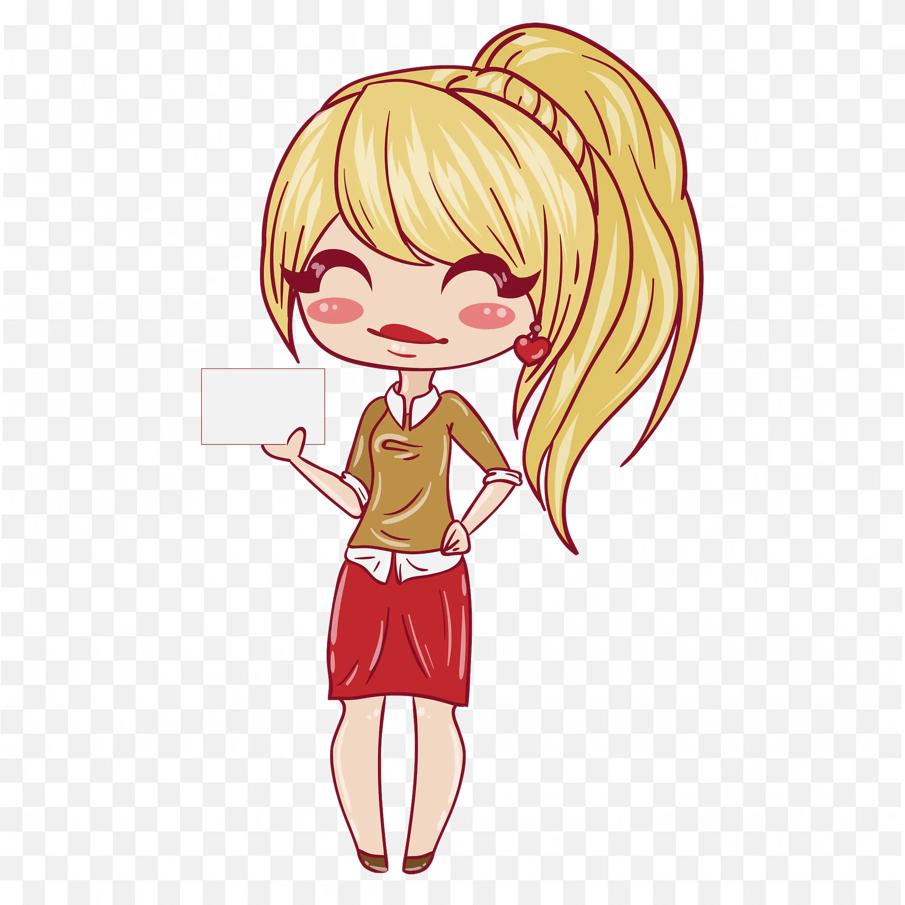 Cartoon Girl with Blonde Hair and Red Skirt Showing a Paper
