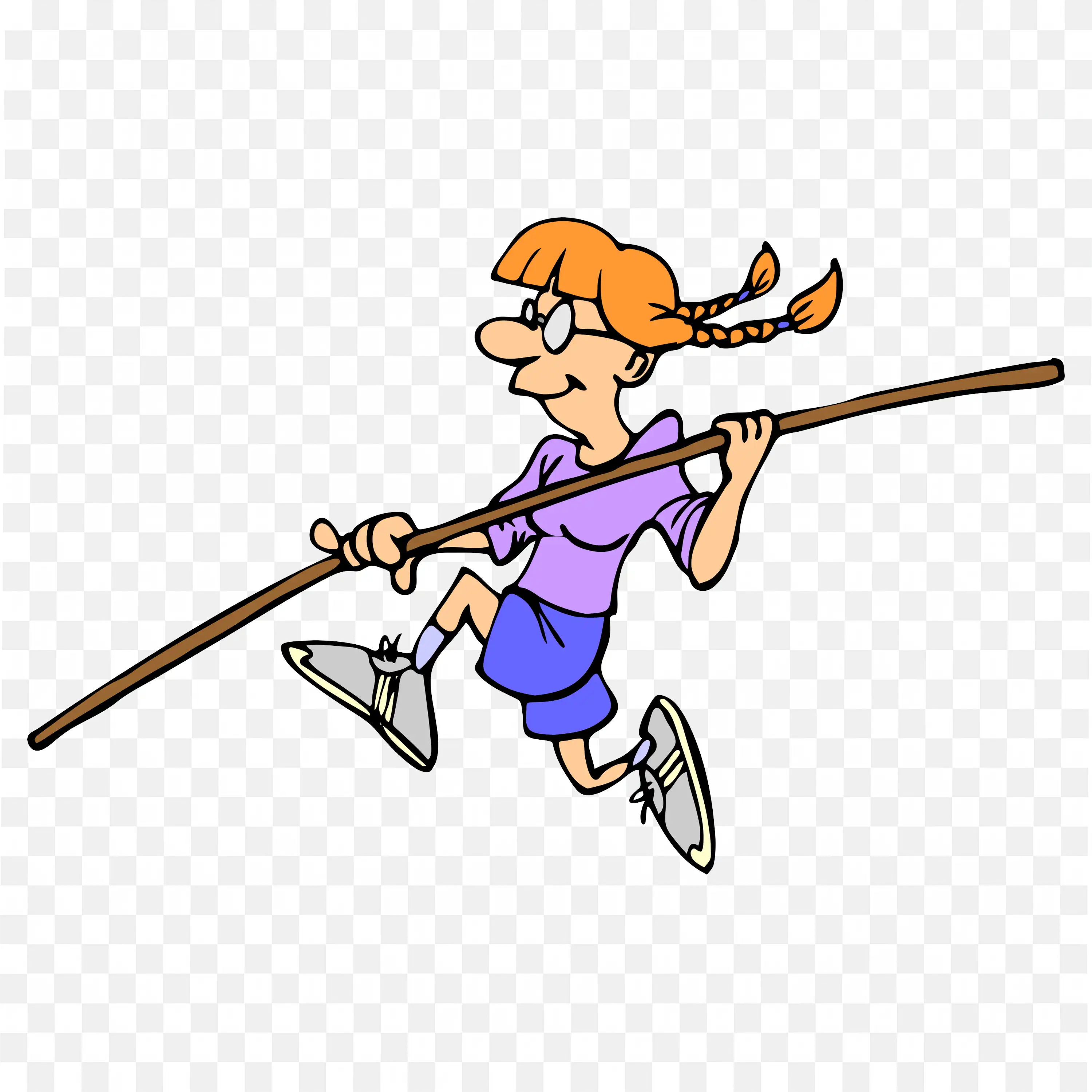 Cartoon Girl Is Running Happily By Carrying a Big Stick Png