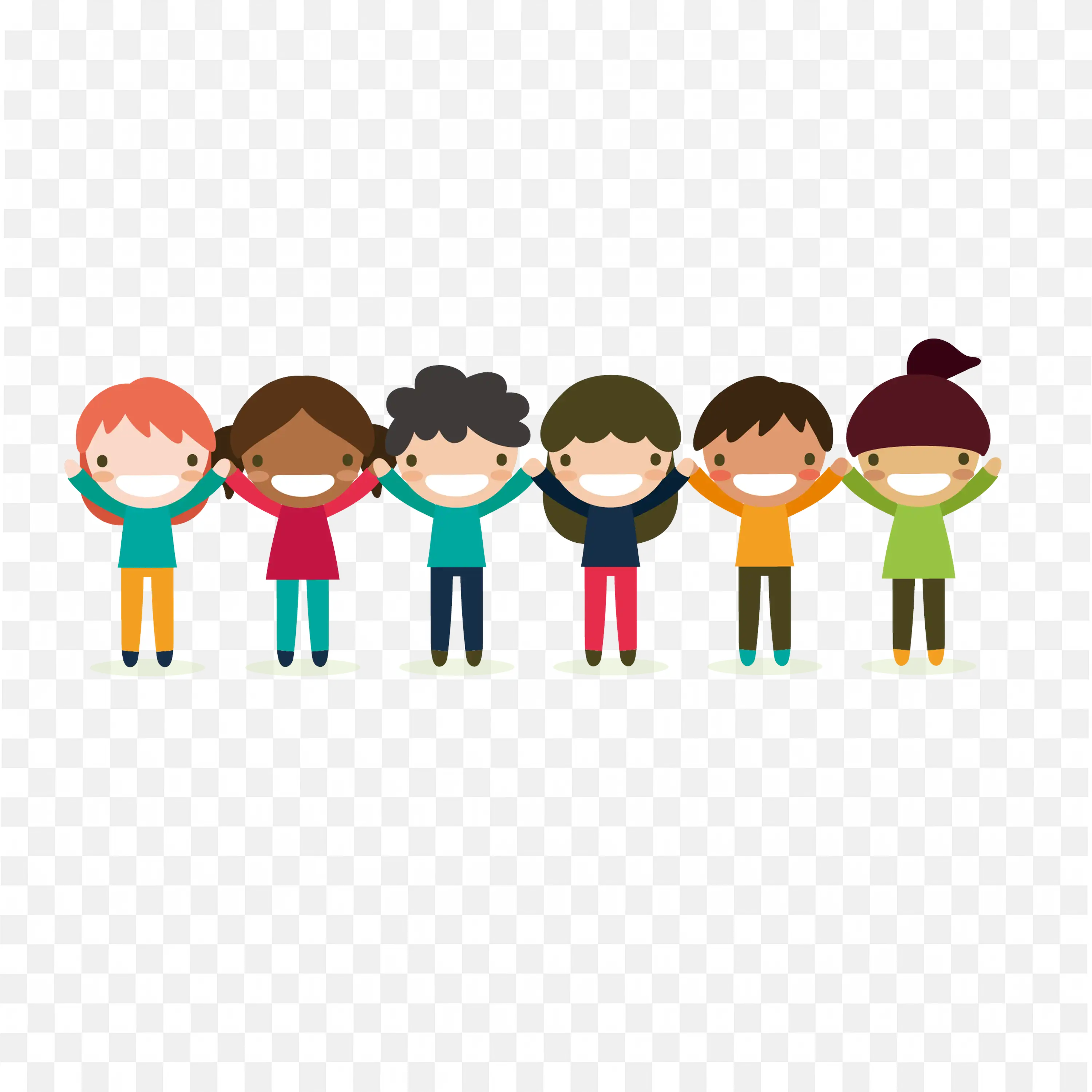 Cartoon Kids Standing in Line and Raising Hands Together Png