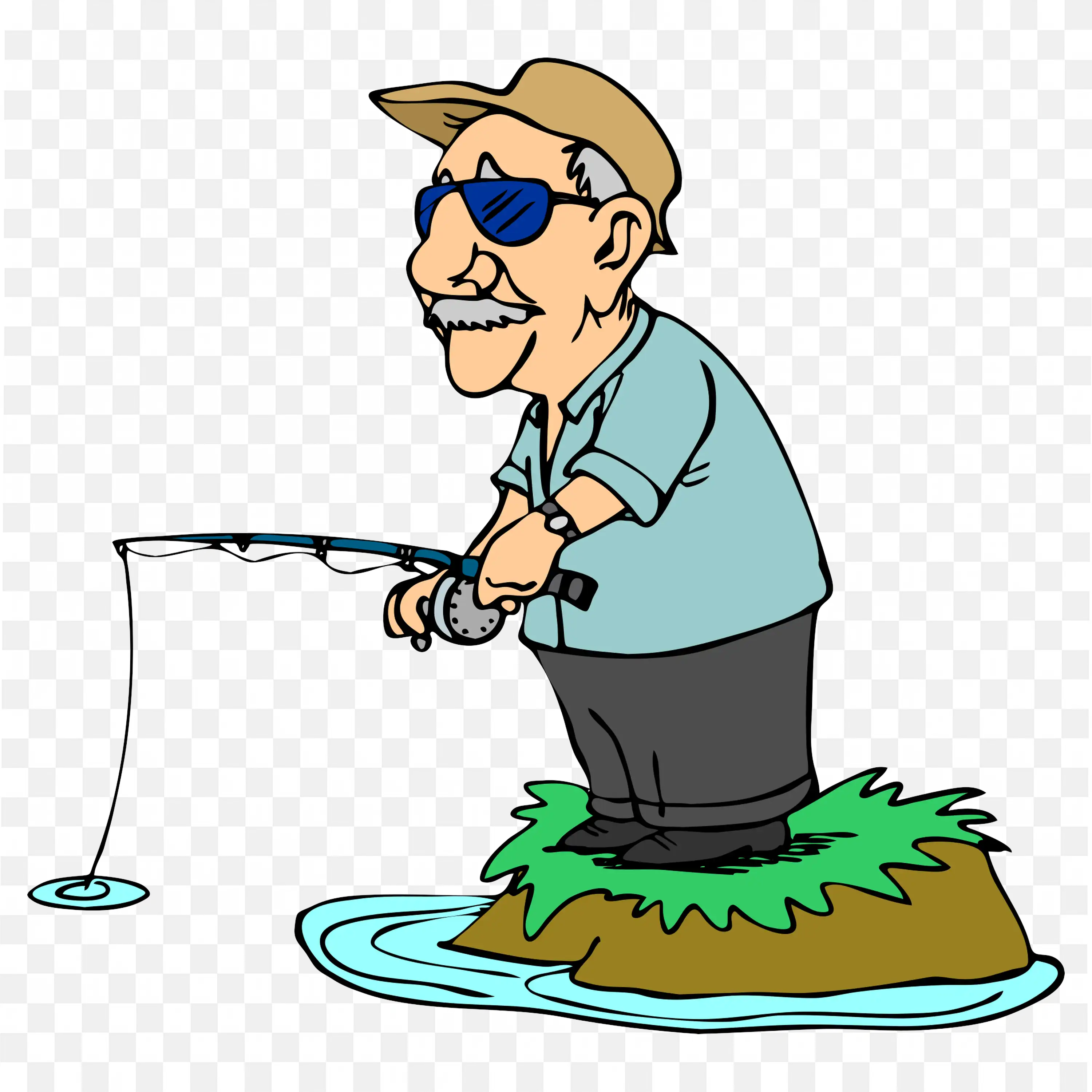 Cartoon Man Fishing By Standing on a Small Grass Land Png